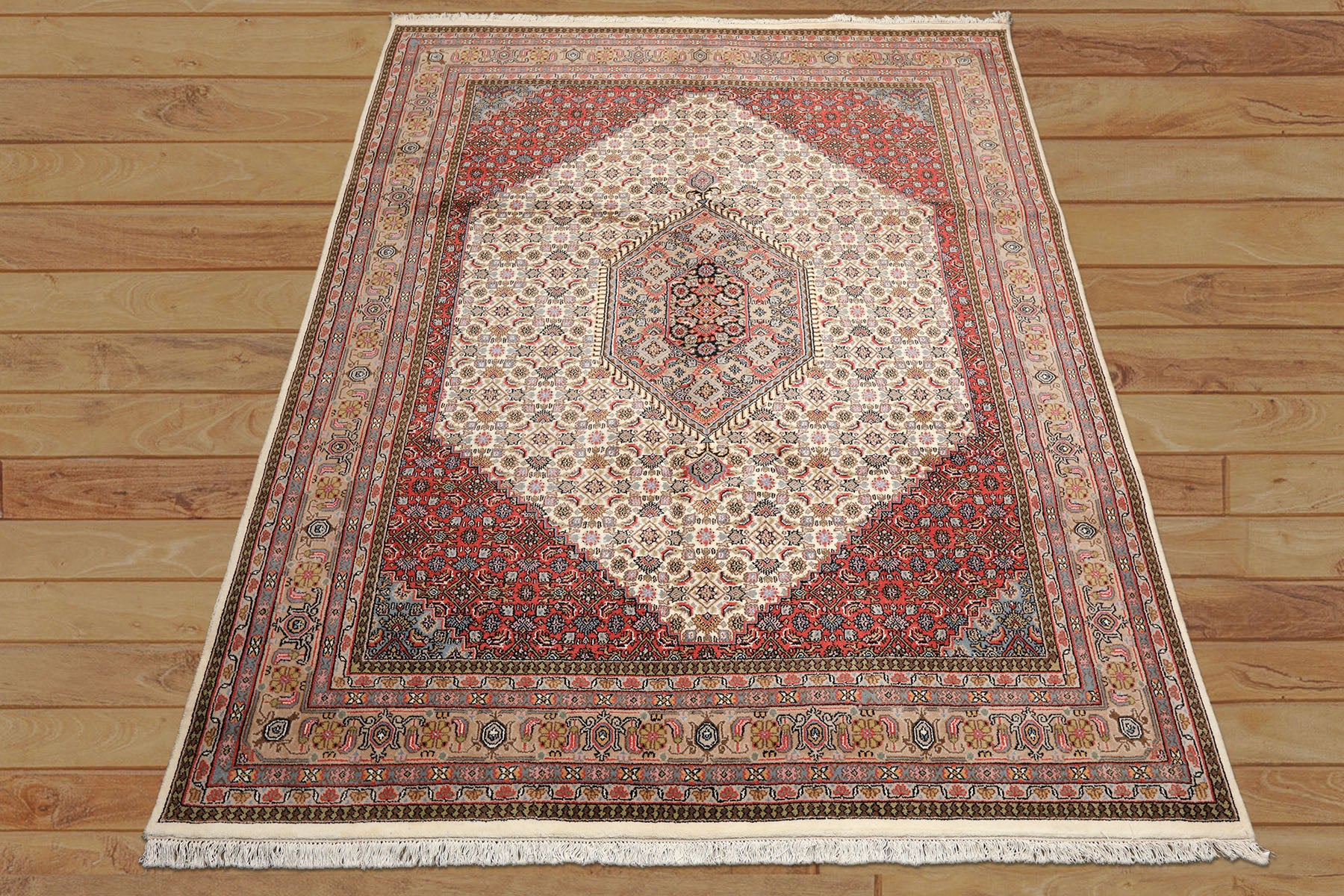 8x10 Ivory, Rose, Tan Color Hand Knotted Indo Bidjar Wool Traditional Oriental Rug
