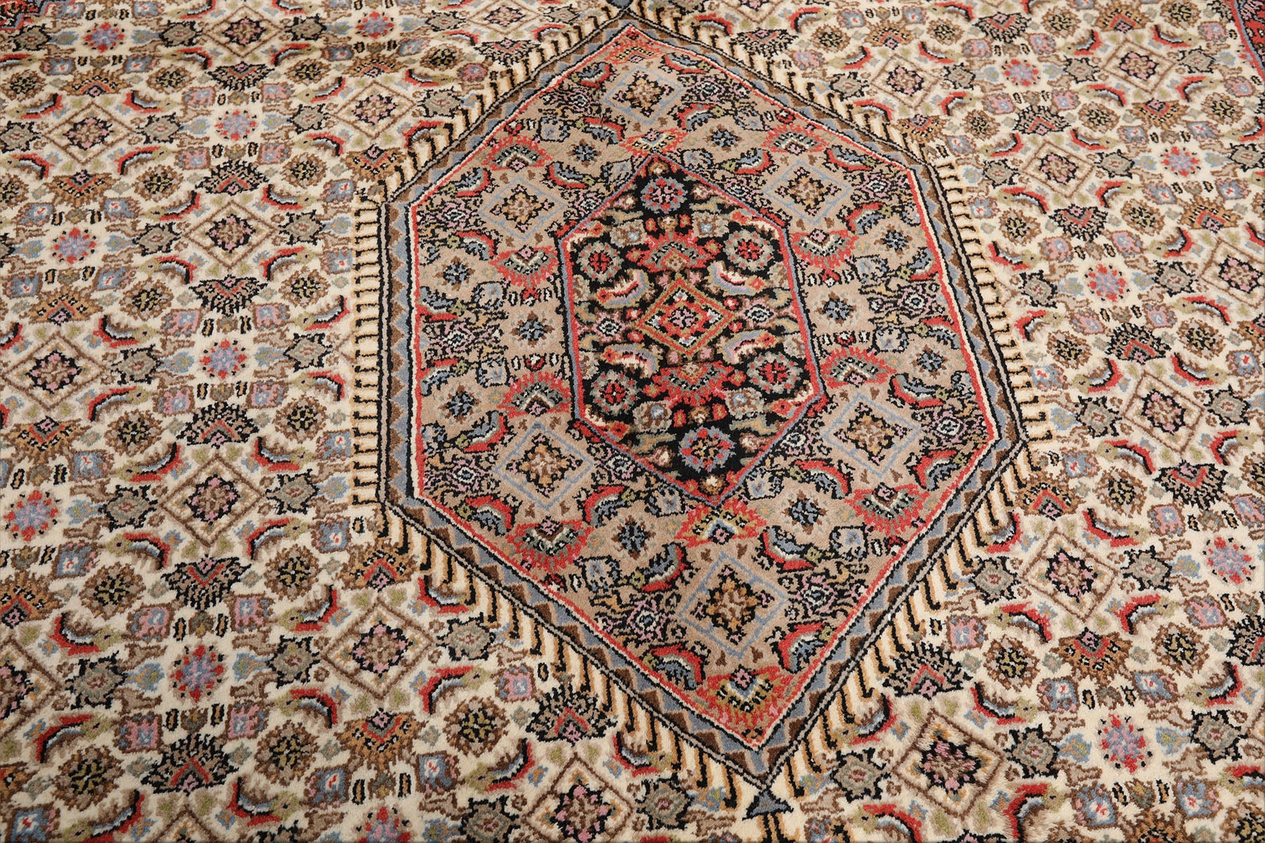 8x10 Ivory, Rose, Tan Color Hand Knotted Indo Bidjar Wool Traditional Oriental Rug