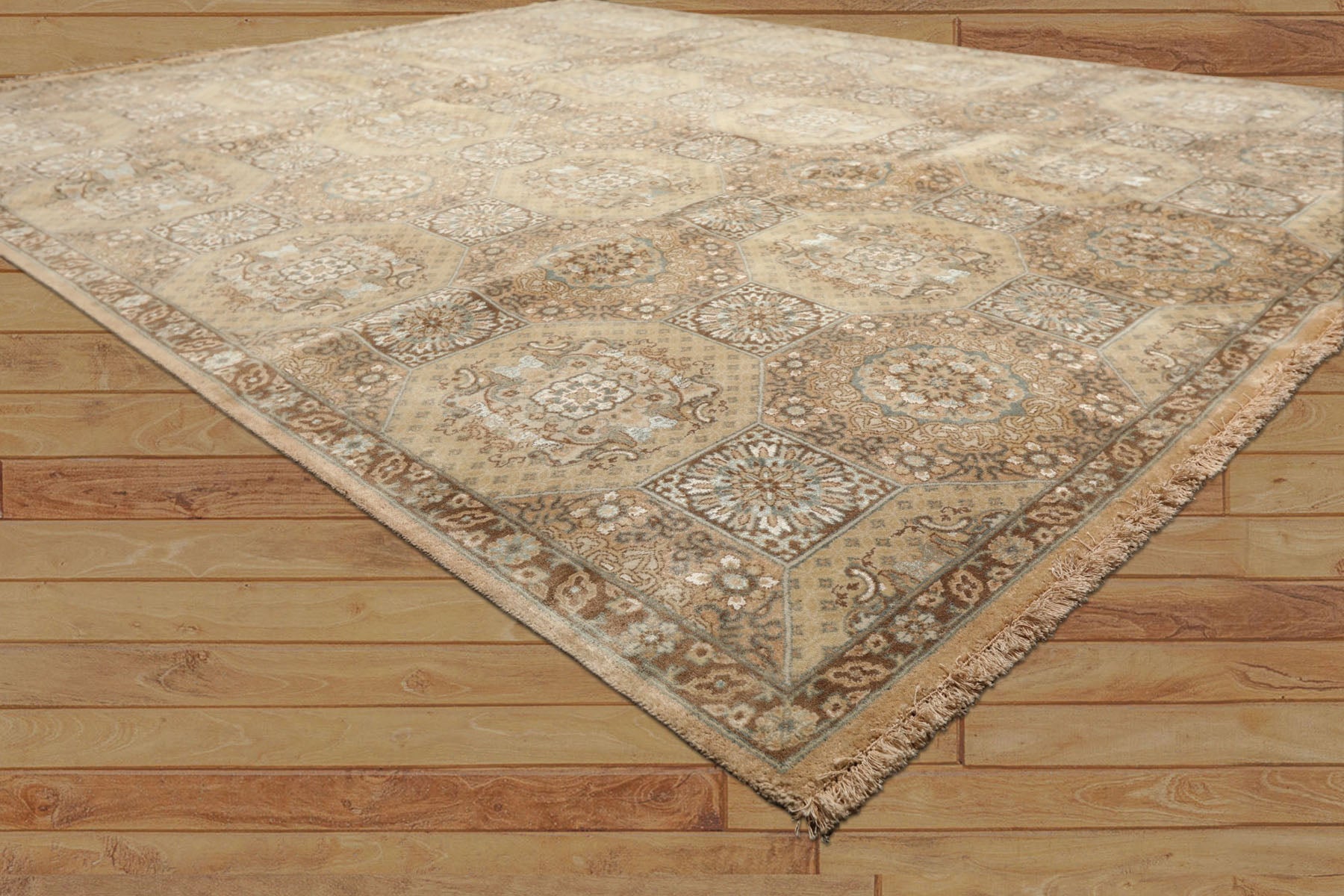 8x10 Beige, Tan, Turqoiuse Color Hand Knotted Bakhtiari Wool & Silk Transitional Oriental Rug