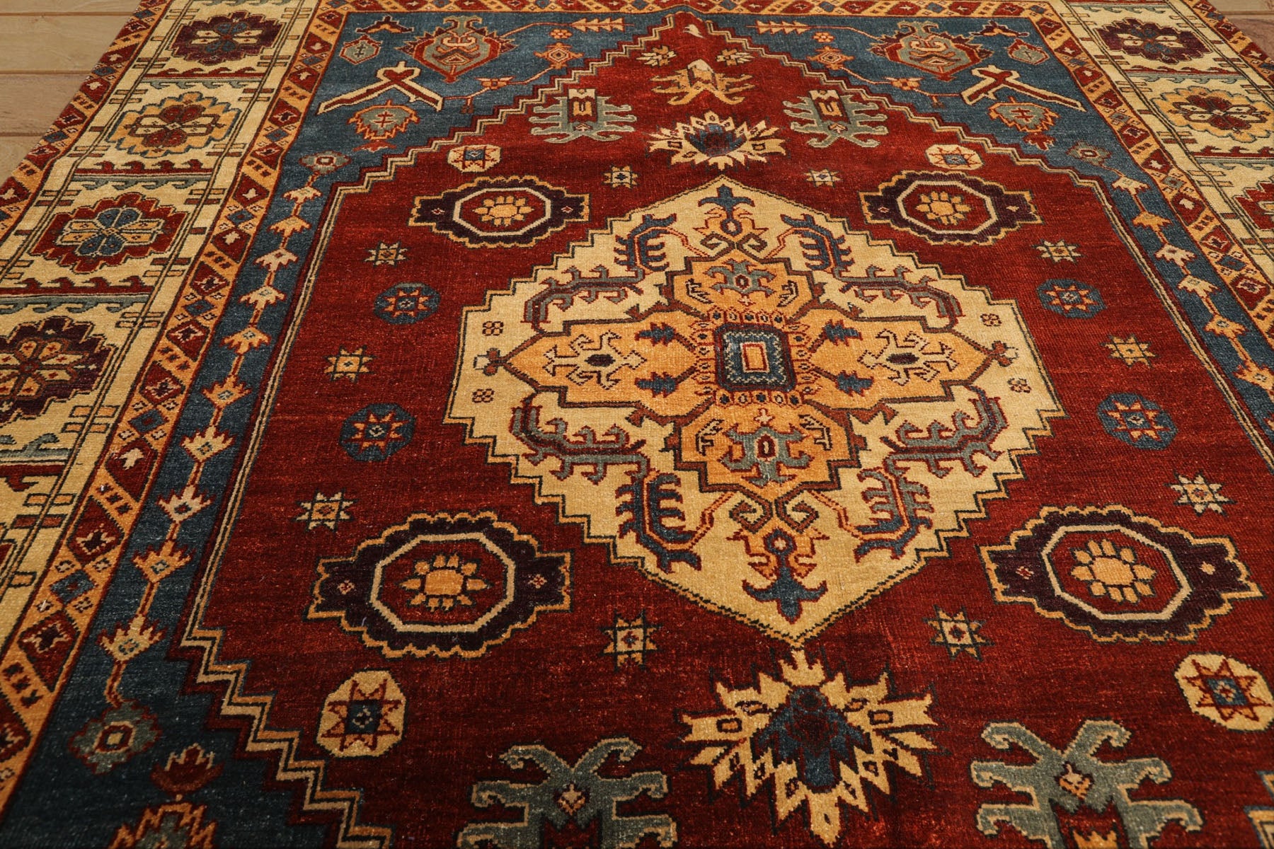 8x10 Rust, Light Gold, Blue Color Hand Knotted Oushak Wool Transitional Oriental Rug