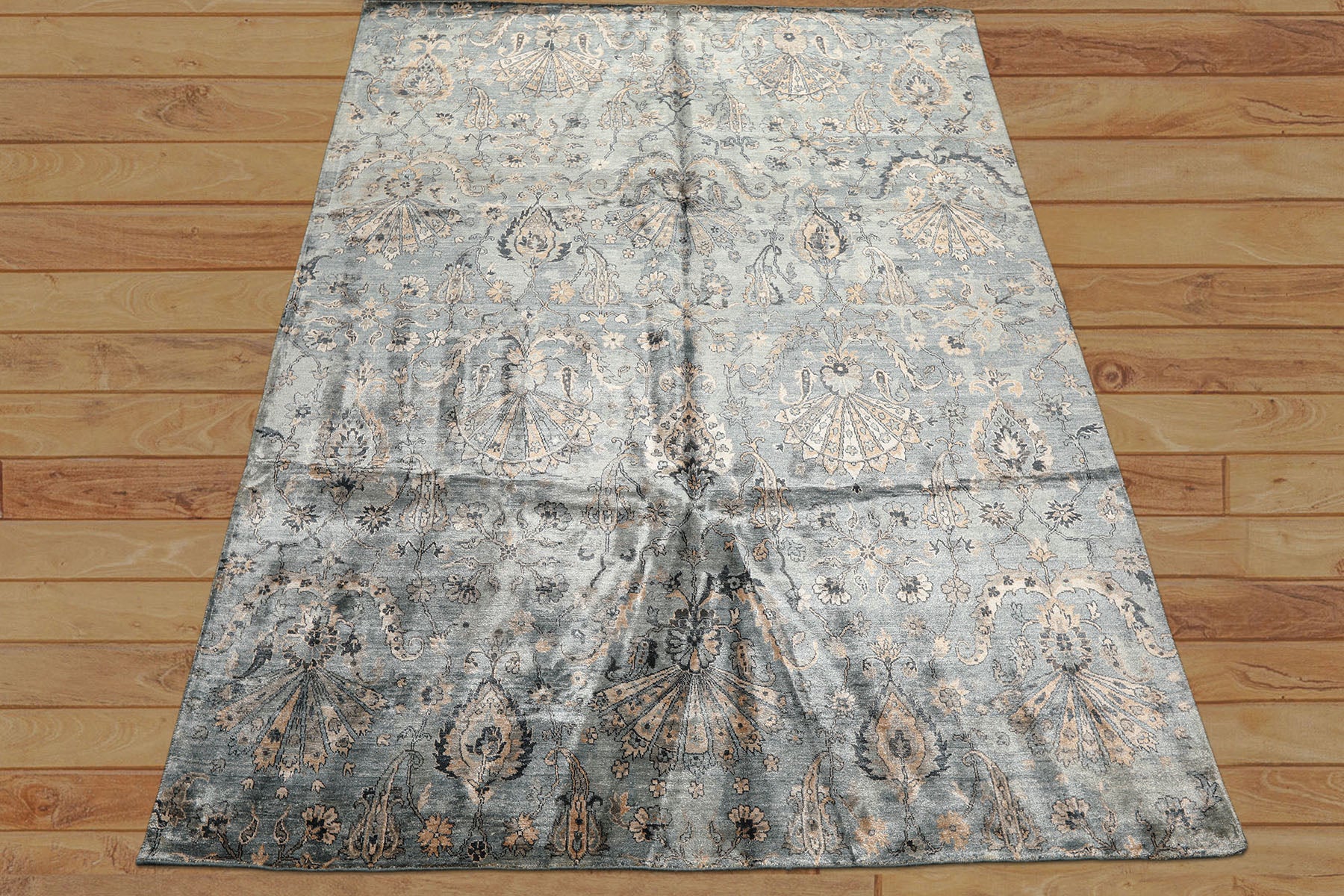 8x10 Aqua, Taupe, Beige Color Hand Knotted Tibetan Bamboo Silk Transitional Oriental Rug