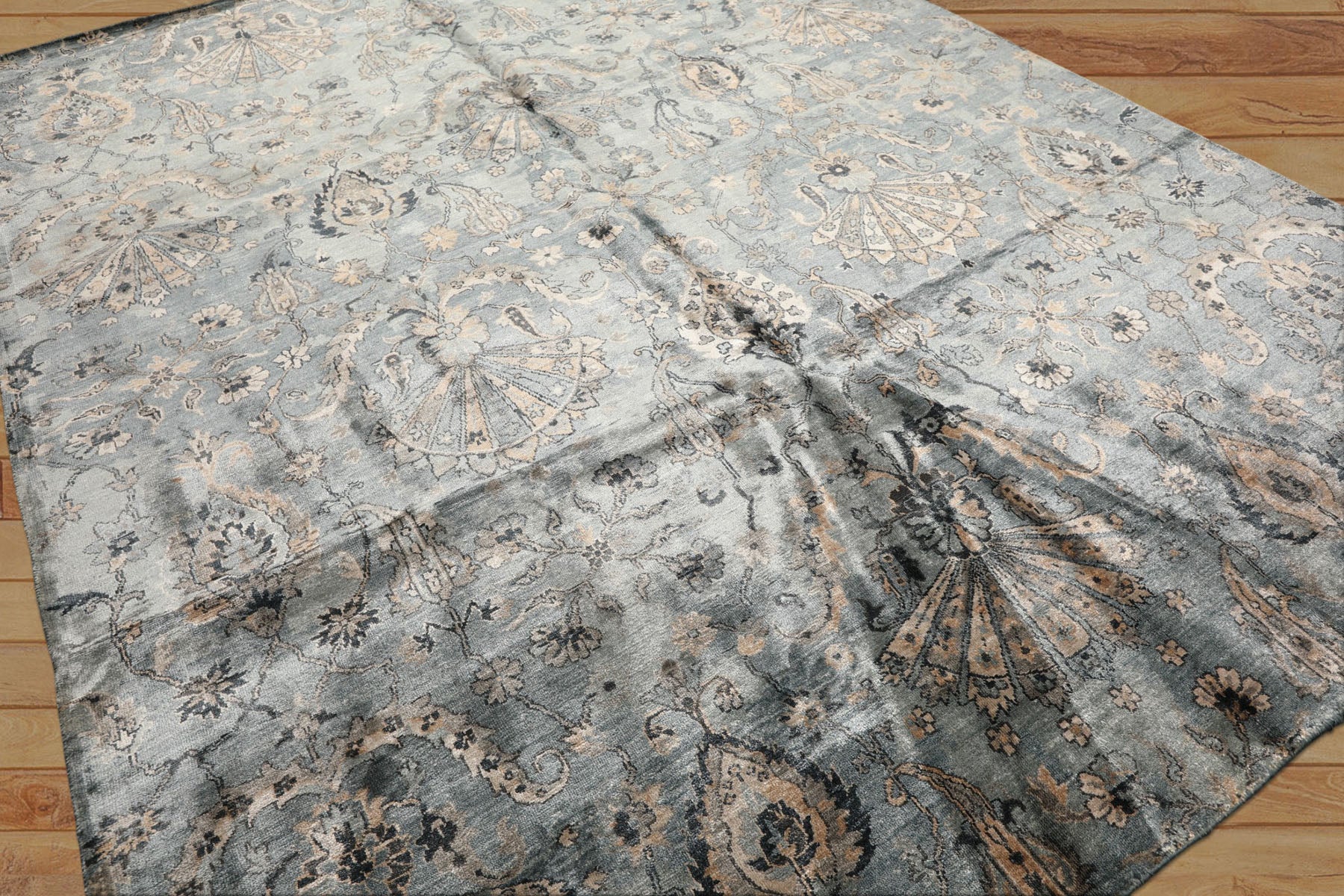 8x10 Aqua, Taupe, Beige Color Hand Knotted Tibetan Bamboo Silk Transitional Oriental Rug