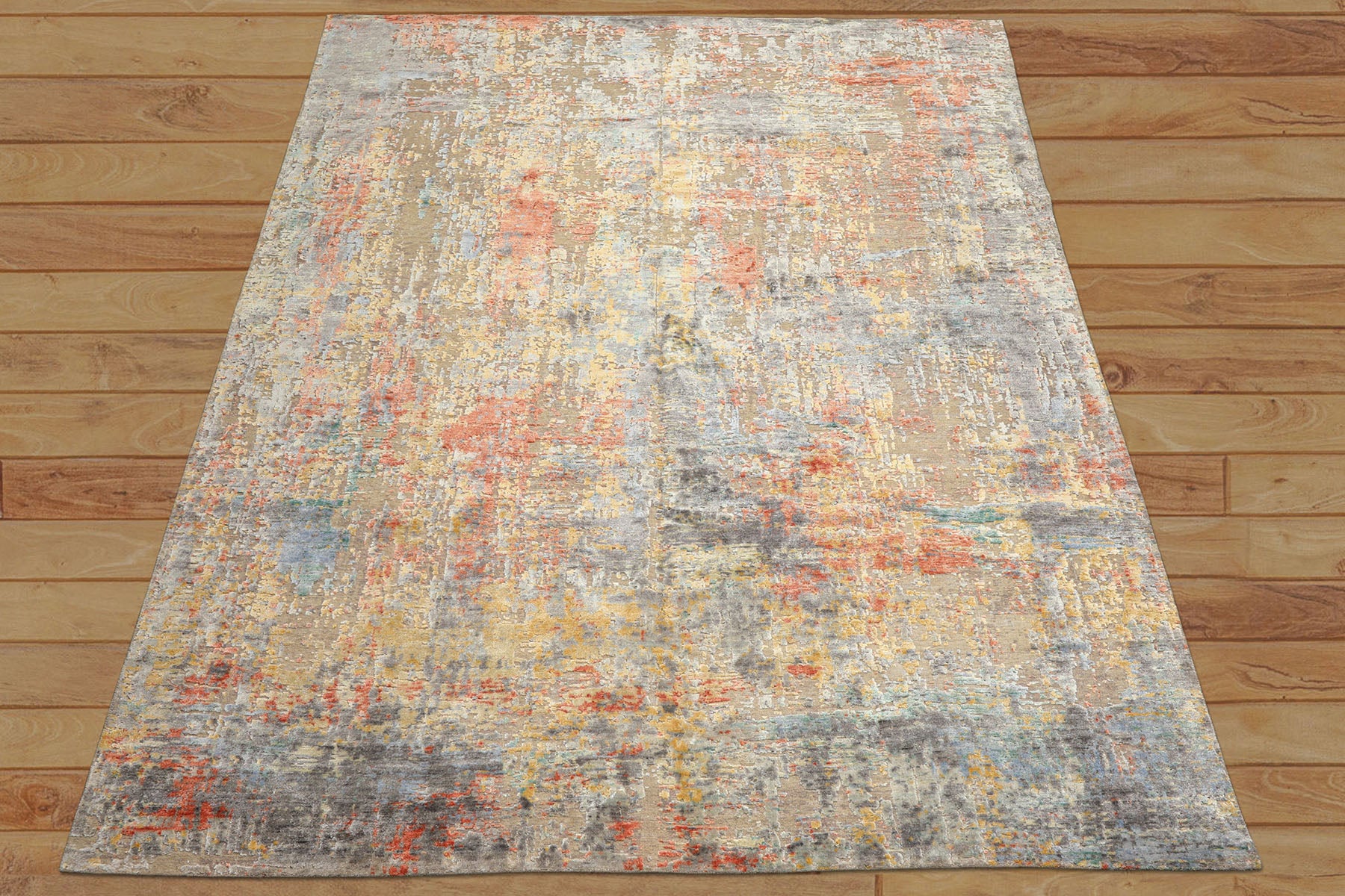 9x12 Beige, Coral, Aqua Color Hand Knotted Sherpa Wool & Bamboo Silk Modern & Contemporary Oriental Rug