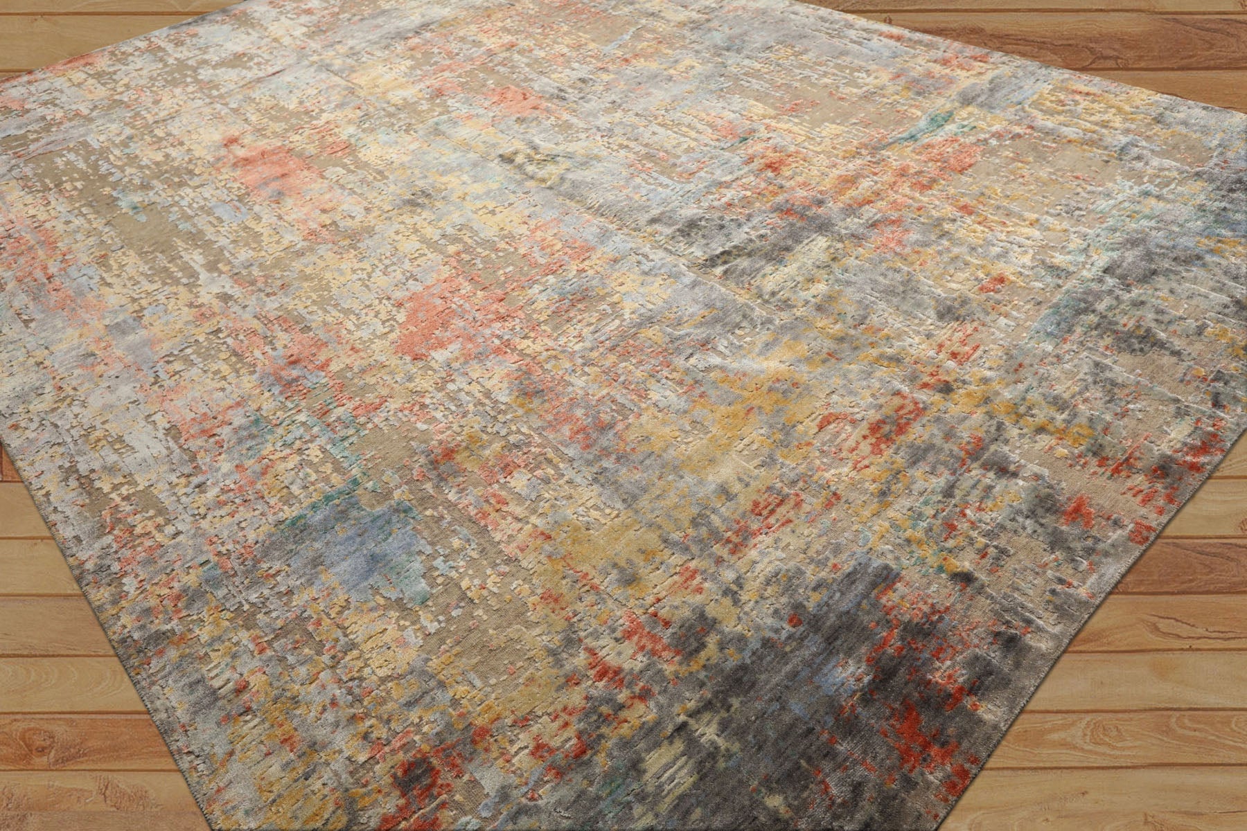 9x12 Beige, Coral, Aqua Color Hand Knotted Sherpa Wool & Bamboo Silk Modern & Contemporary Oriental Rug
