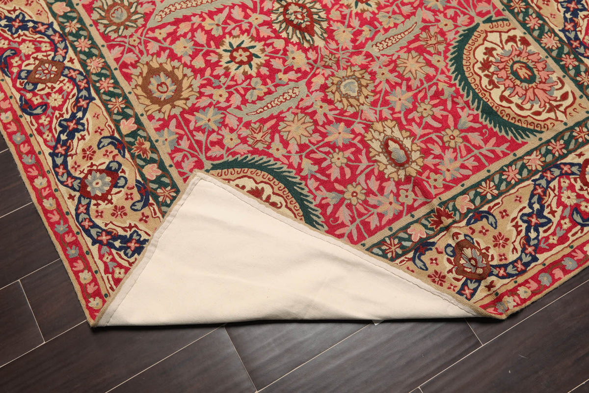 5x7 Magenta, Tan, Blue Color Hand Woven Floral 100% Wool Traditional-European Oriental Rug