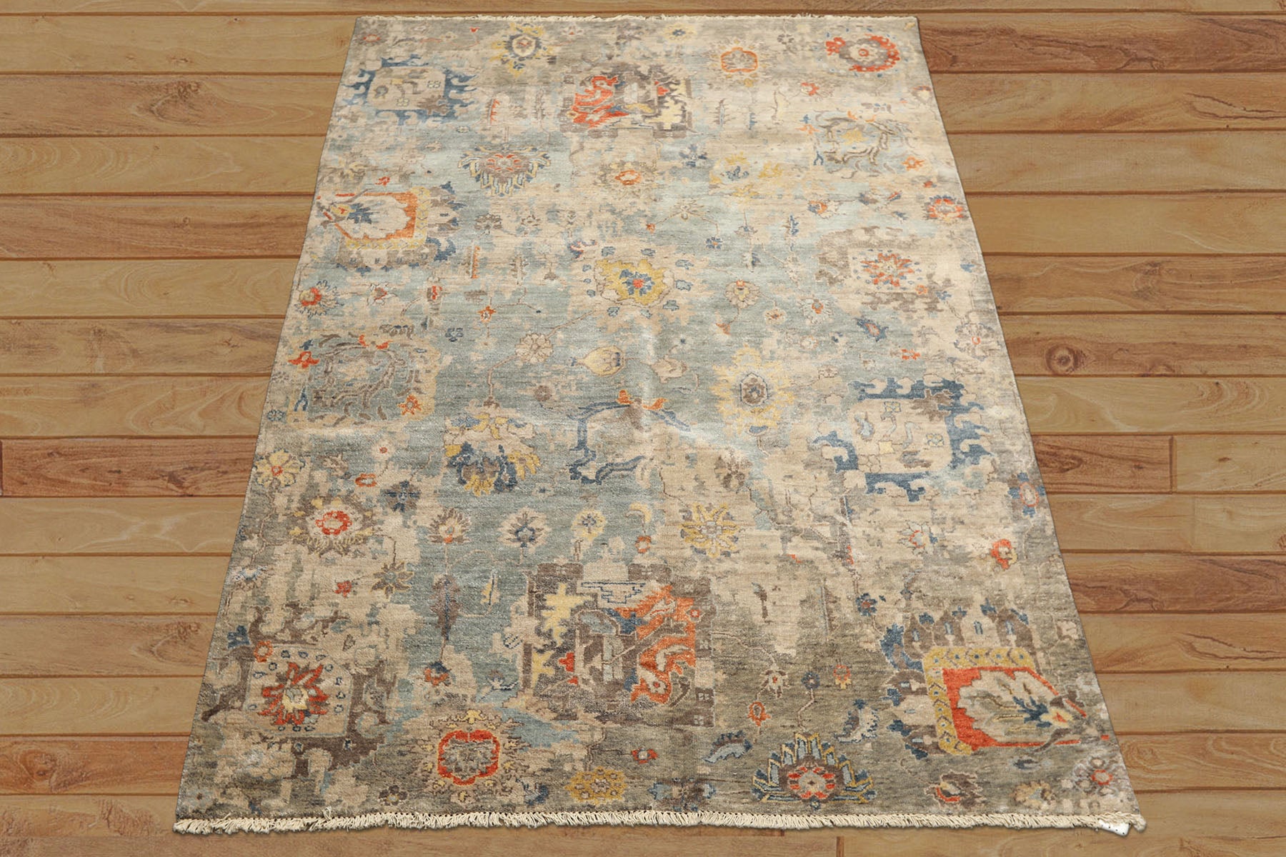 6x9 Celadon, Beige, Orange Color Hand Knotted Indo Oushak Wool Traditional Oriental Rug