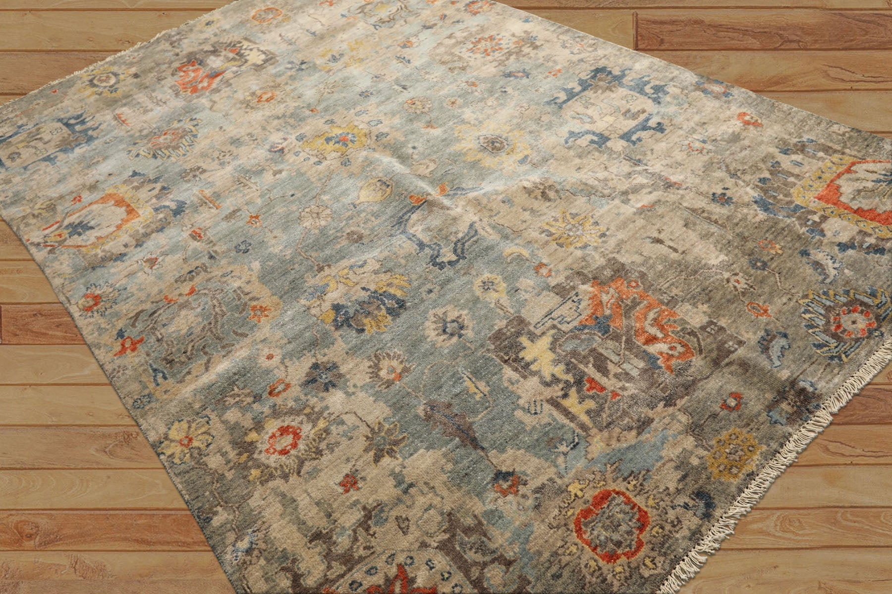 6x9 Celadon, Beige, Orange Color Hand Knotted Indo Oushak Wool Traditional Oriental Rug