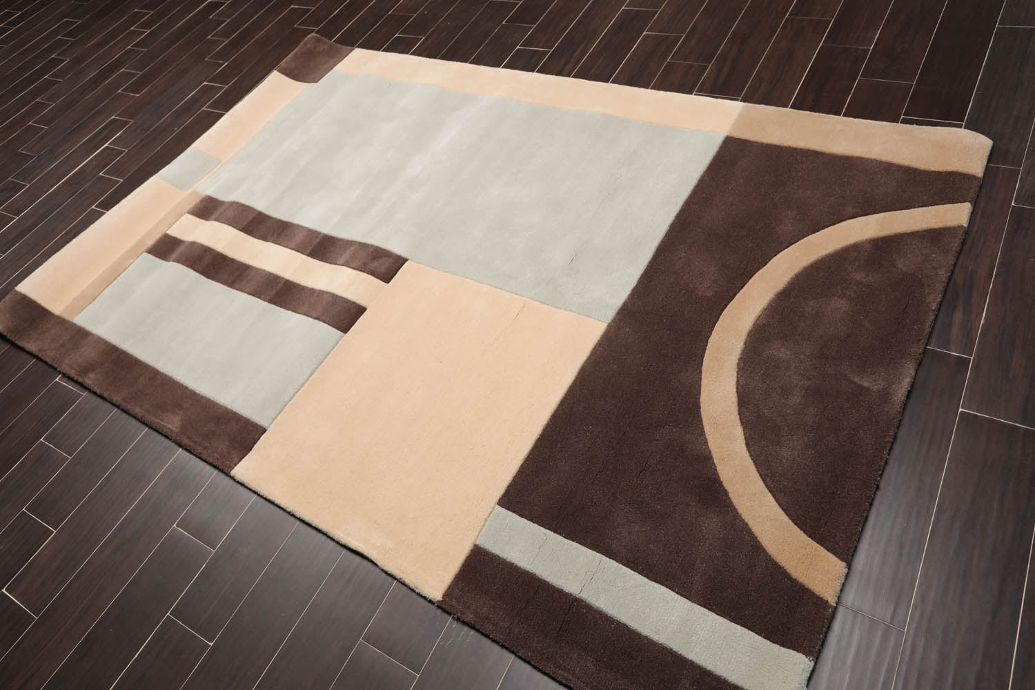 5x7 Brown, Beige, Light Blue Color Hand Tufted Geometric 100% Wool Modern Oriental Rug