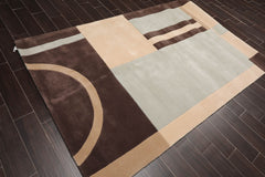 5x7 Brown, Beige, Light Blue Color Hand Tufted Geometric 100% Wool Modern Oriental Rug