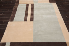 5x7 Brown, Beige, Light Blue Color Hand Tufted Geometric 100% Wool Modern Oriental Rug