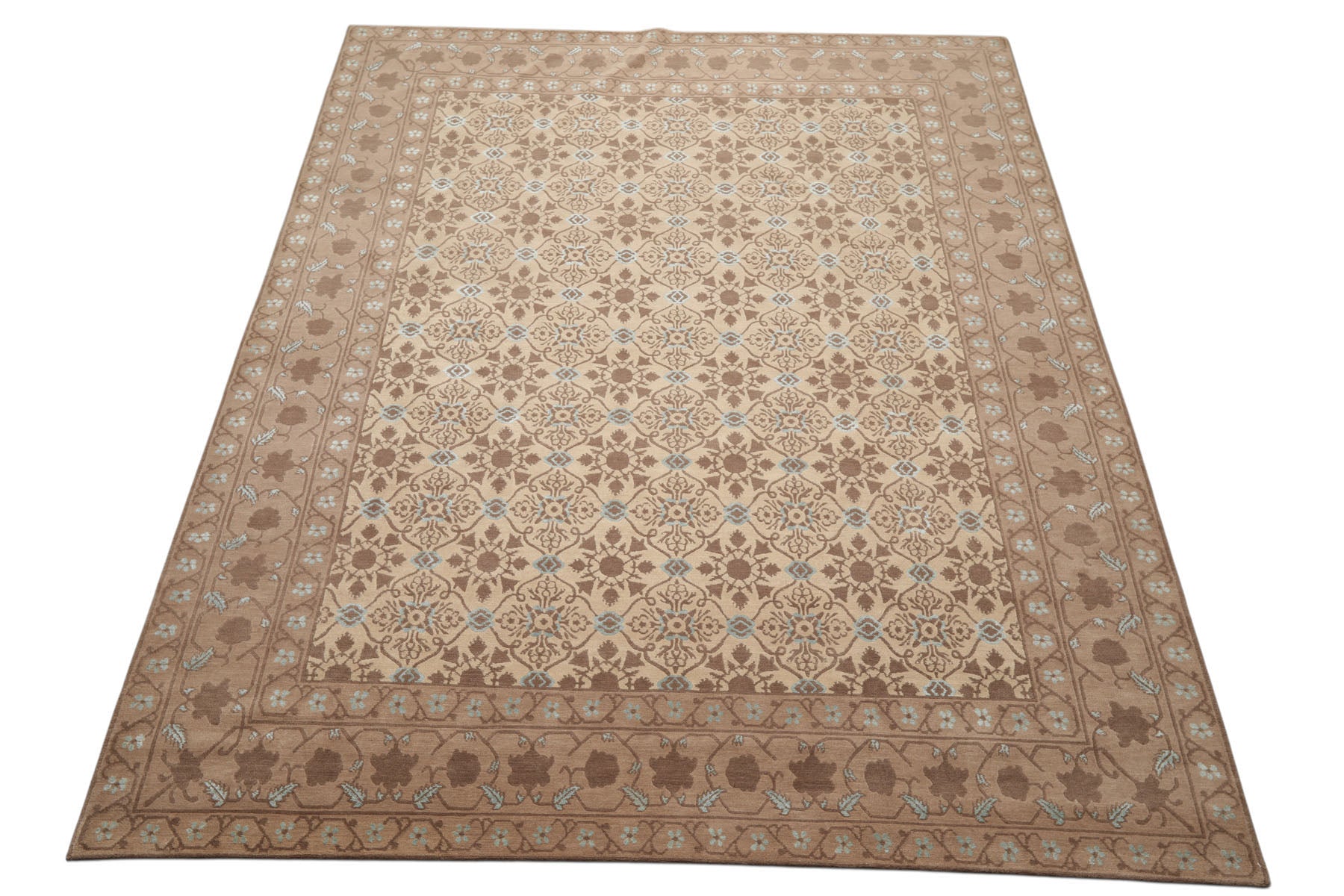 8x10 Beige, Brown, Blue Color Hand Knotted Persian Wool & Silk Transitional Oriental Rug