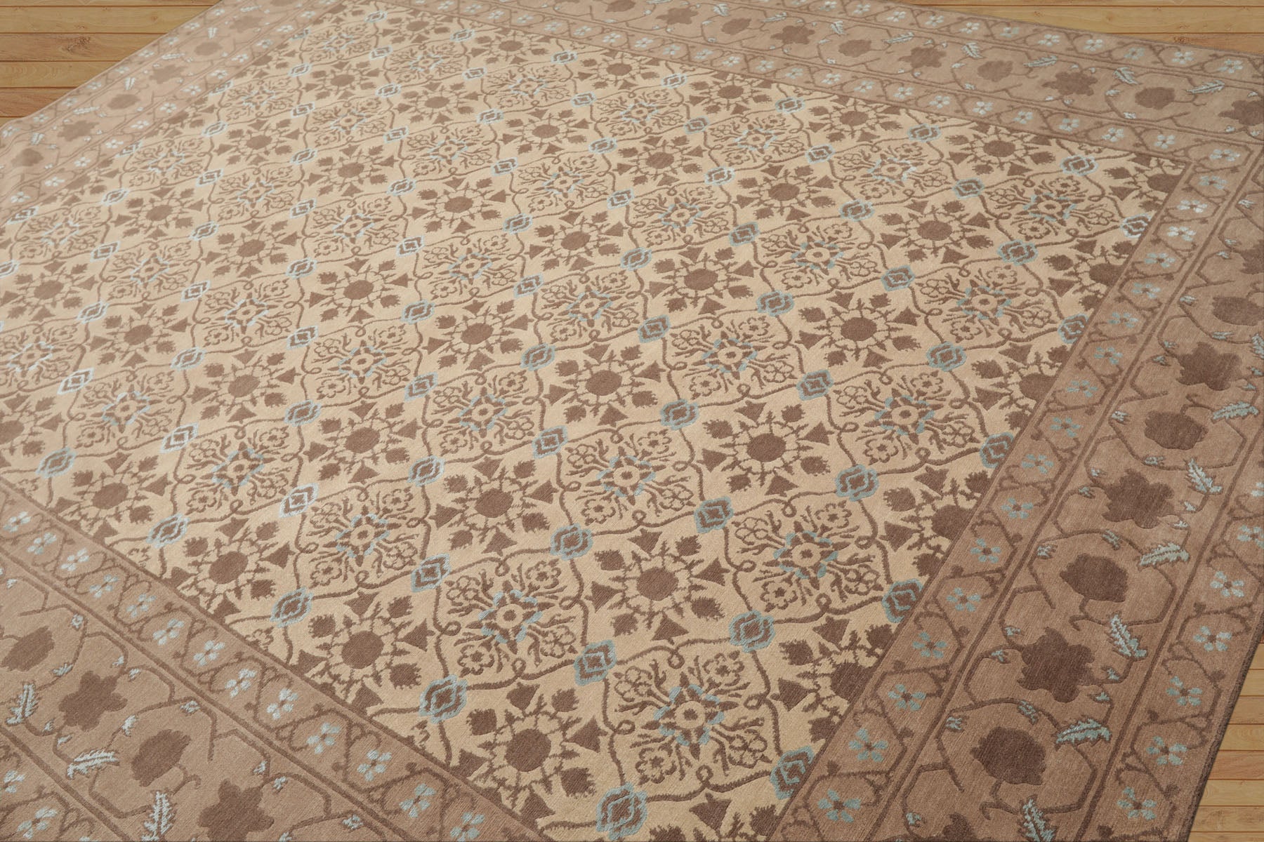 8x10 Beige, Brown, Blue Color Hand Knotted Persian Wool & Silk Transitional Oriental Rug