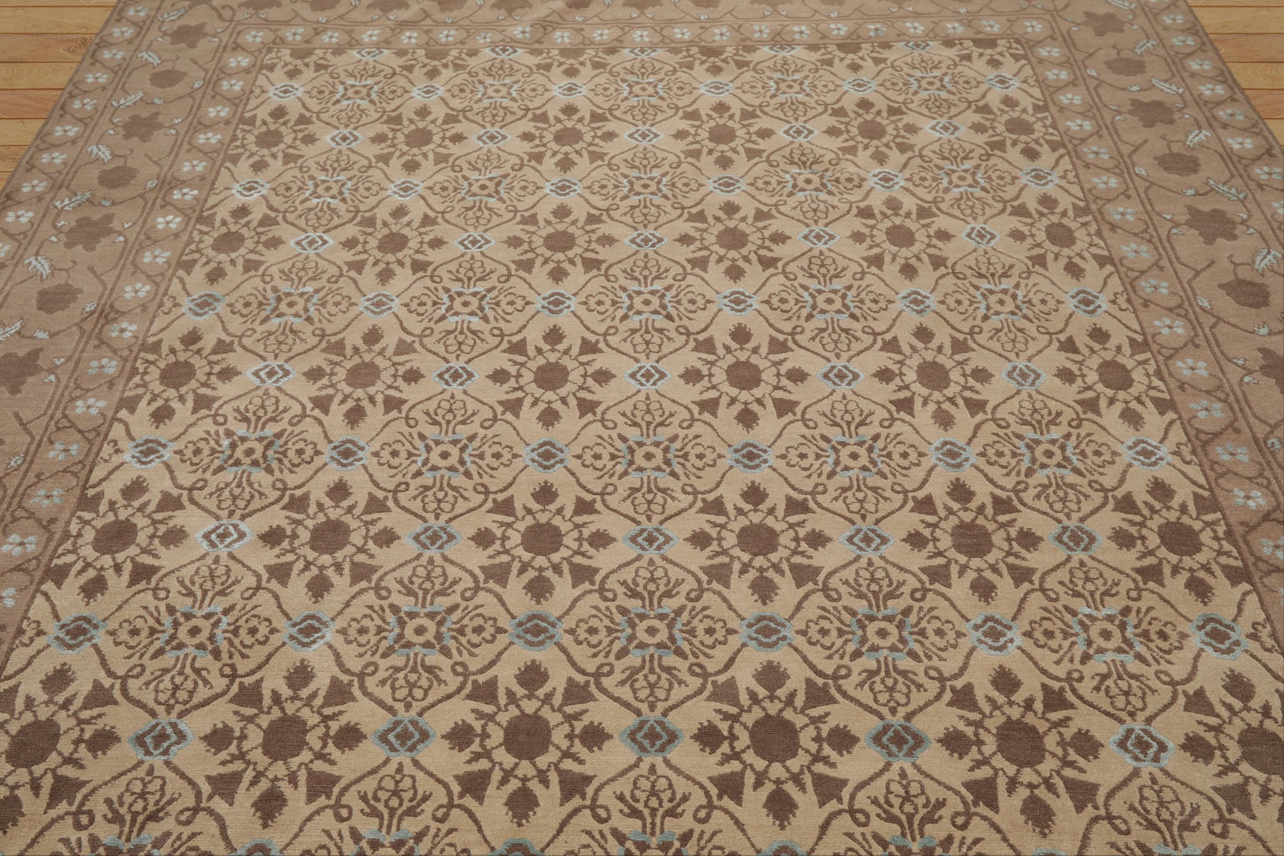 8x10 Beige, Brown, Blue Color Hand Knotted Persian Wool & Silk Transitional Oriental Rug