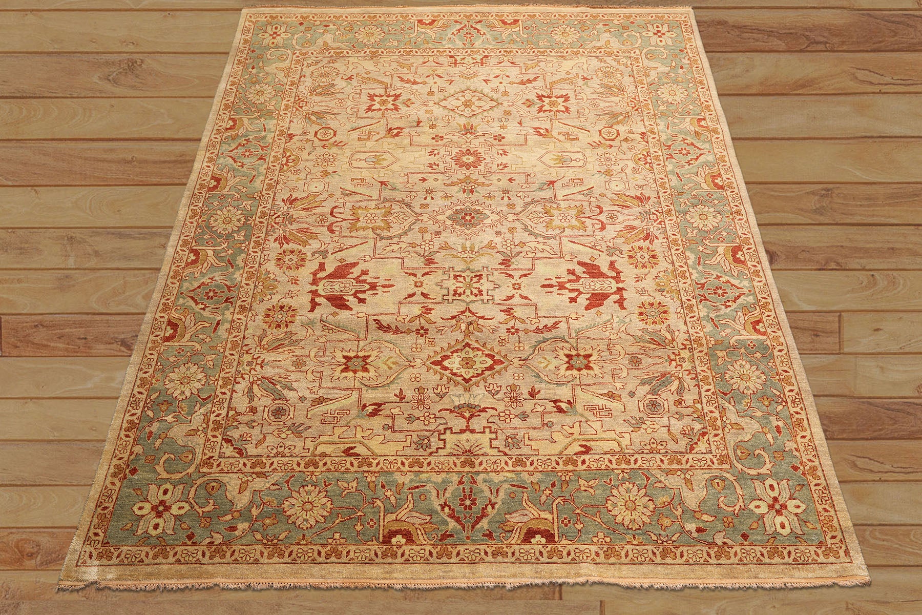 8x10 Beige, Celadon, Rust Color Hand Knotted Oushak Wool Traditional Oriental Rug
