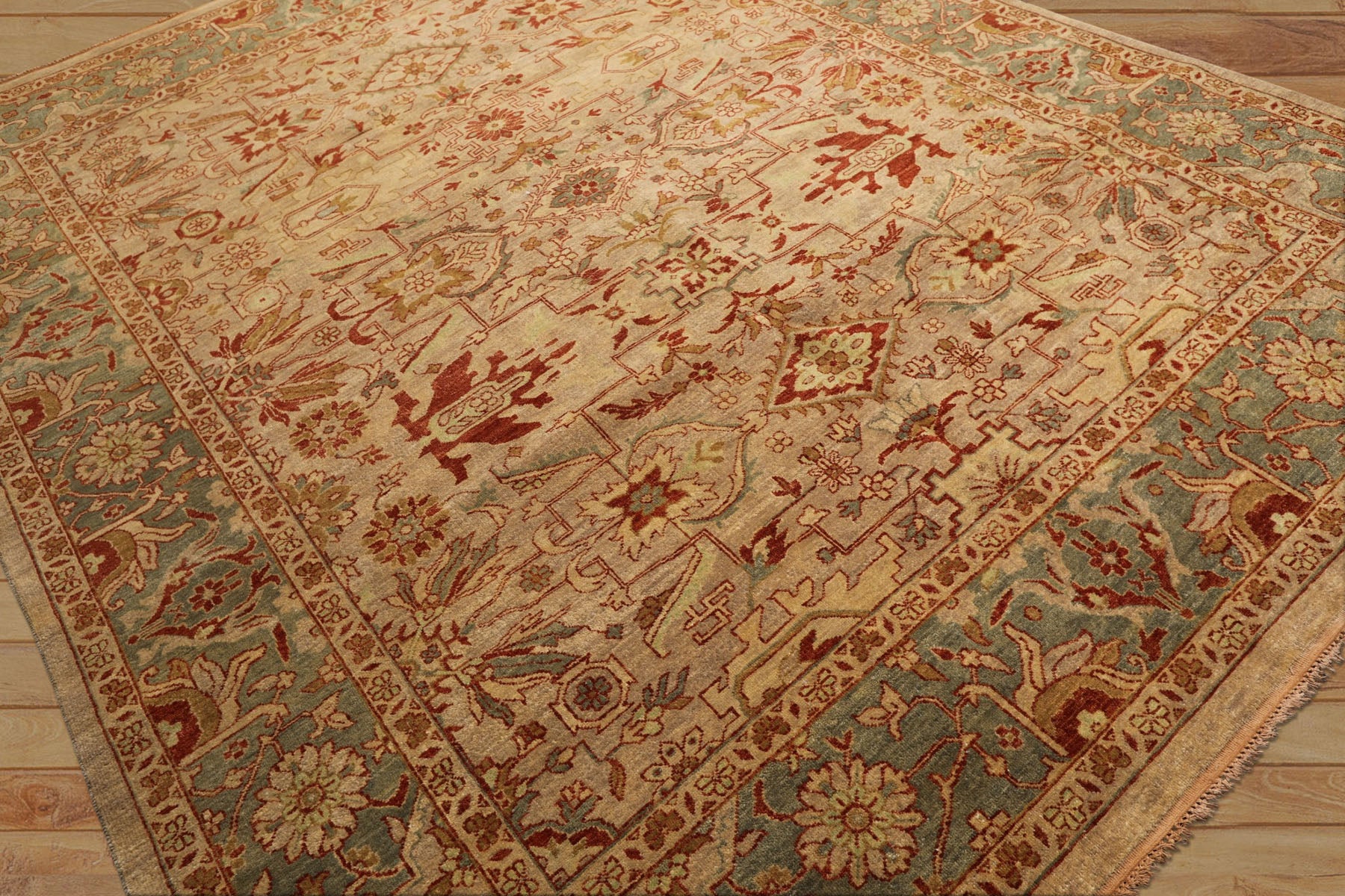 8x10 Beige, Celadon, Rust Color Hand Knotted Oushak Wool Traditional Oriental Rug
