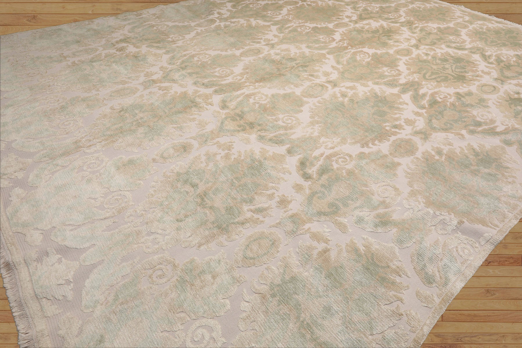 9'10'' x 13'5" Beige Hand Knotted Wool and Silk Contemporary Damask Oriental Area Rug
