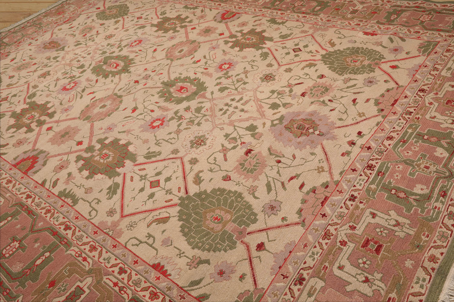 10x14 Beige, Blush, Green Color Hand Knotted All-Over 100% Wool Traditional Oriental Rug