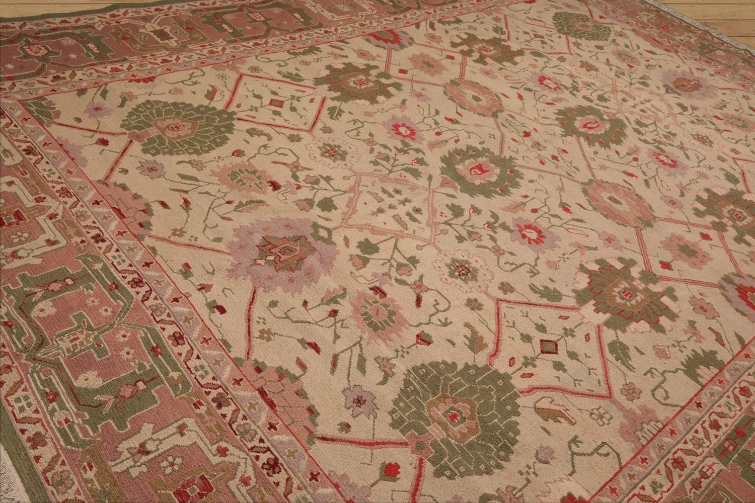 10x14 Beige, Blush, Green Color Hand Knotted All-Over 100% Wool Traditional Oriental Rug