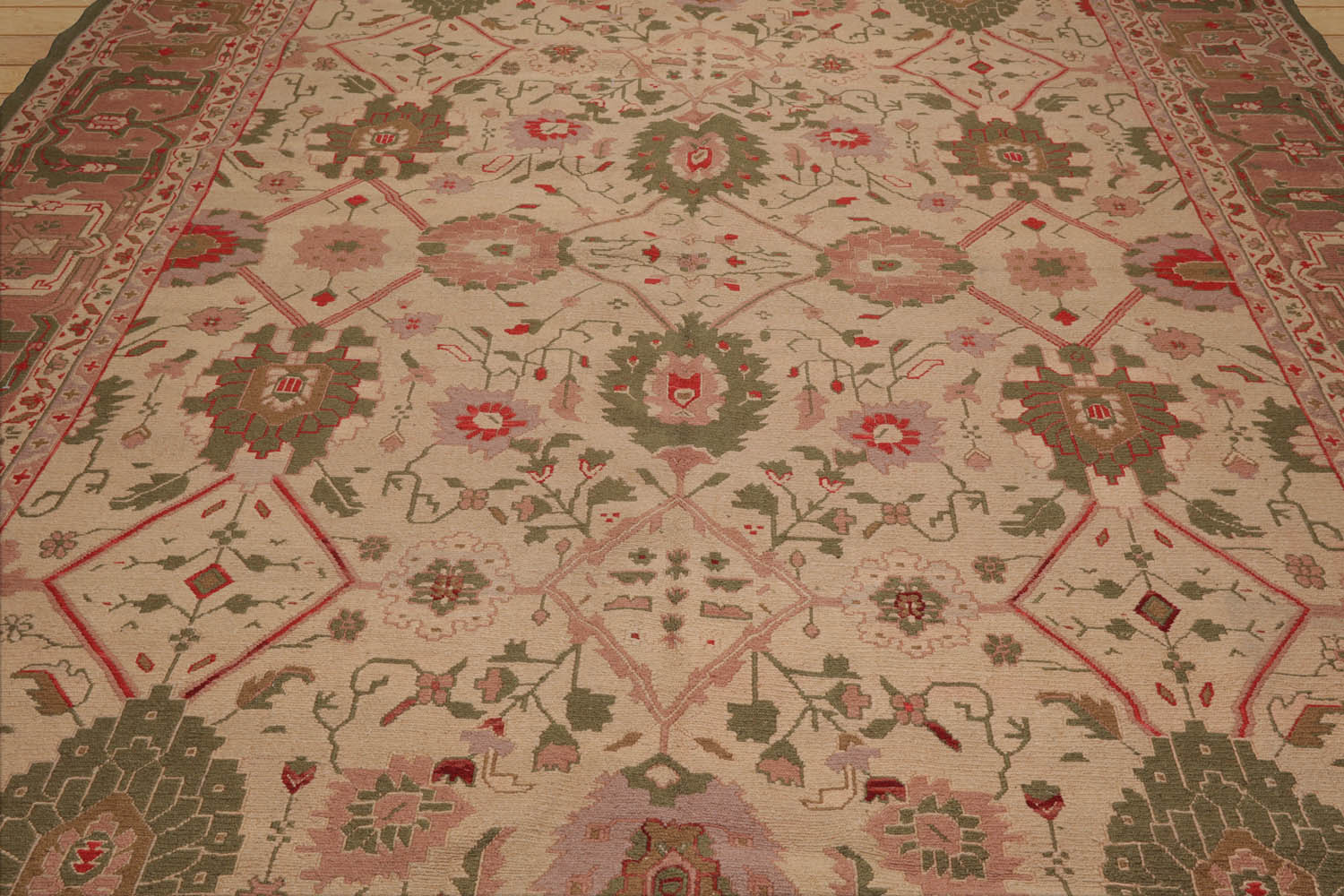 10x14 Beige, Blush, Green Color Hand Knotted All-Over 100% Wool Traditional Oriental Rug