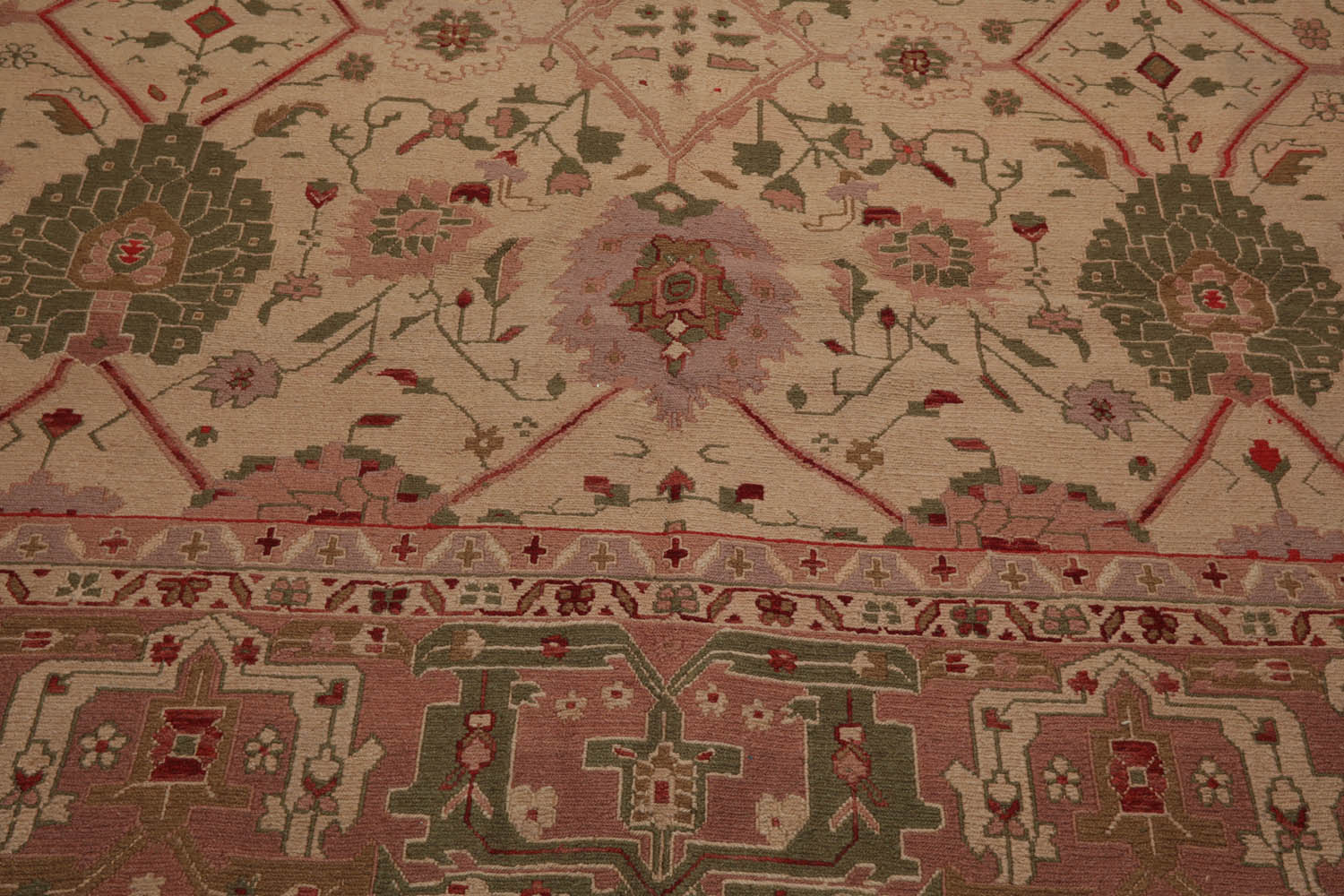 10x14 Beige, Blush, Green Color Hand Knotted All-Over 100% Wool Traditional Oriental Rug