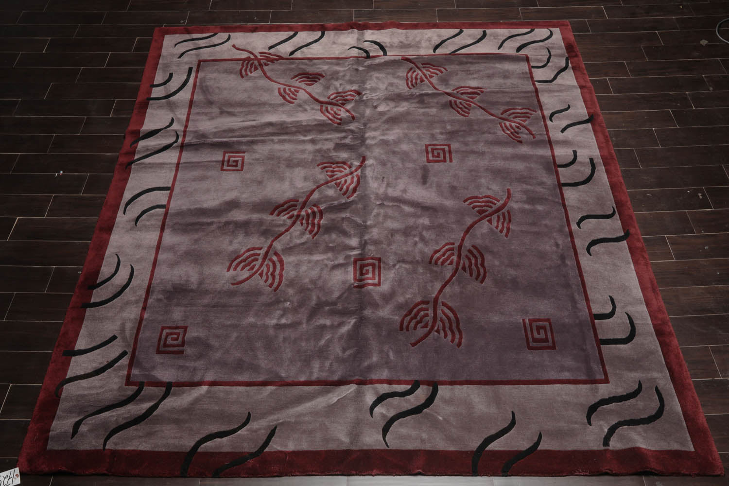 Square Aubergine, Taupe, Maroon Color Hand Knotted All-Over 100% Wool Modern Oriental Rug