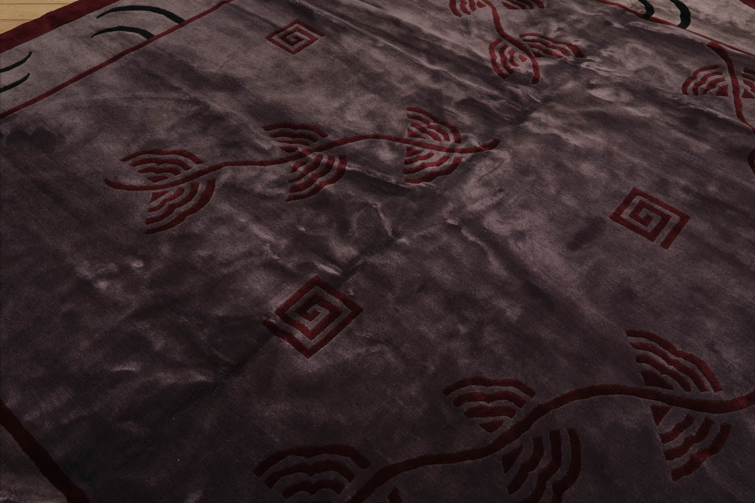 Square Aubergine, Taupe, Maroon Color Hand Knotted All-Over 100% Wool Modern Oriental Rug