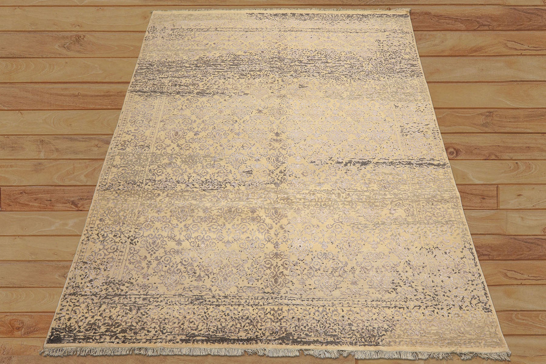 8x10 Vanilla, Taupe, Moss Color Hand Knotted Oushak Wool & Bamboo Silk Transitional Oriental Rug