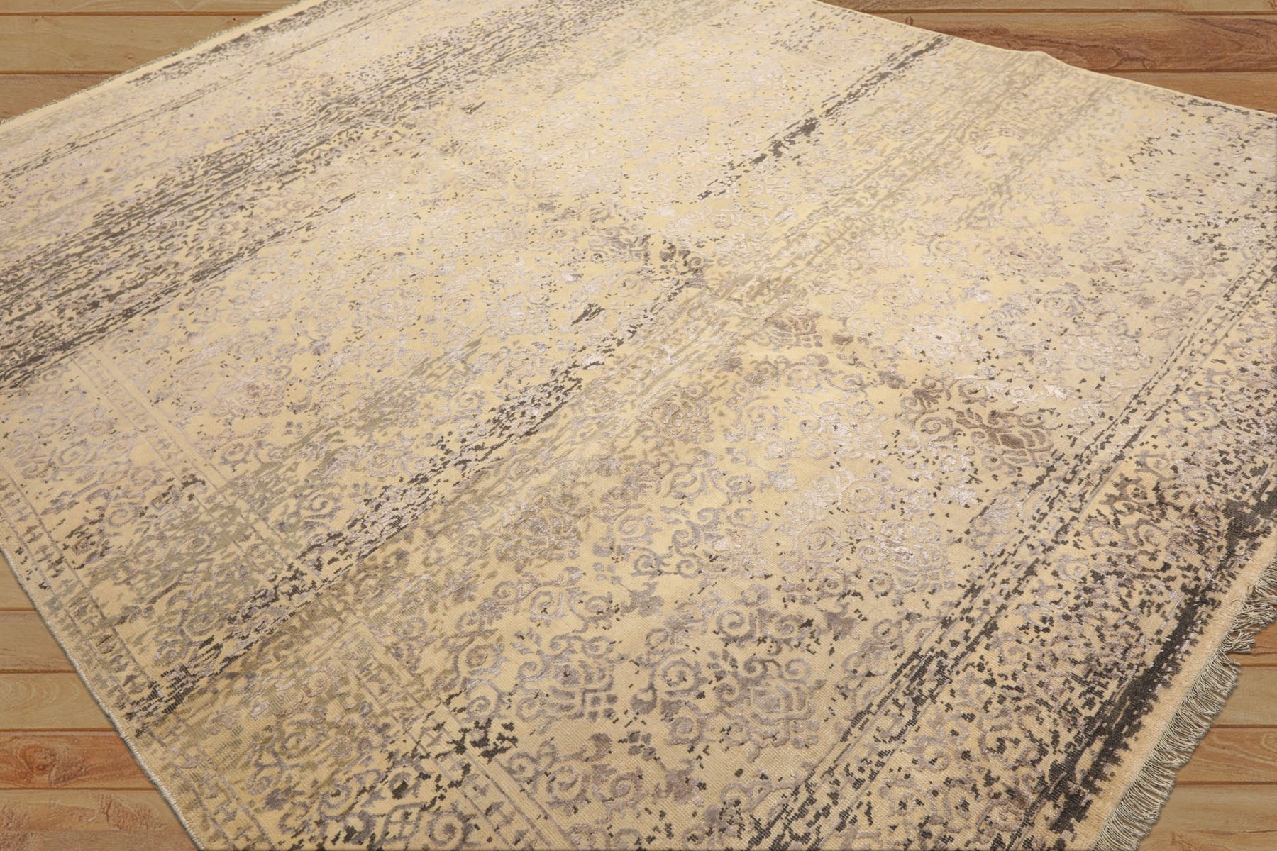 8x10 Vanilla, Taupe, Moss Color Hand Knotted Oushak Wool & Bamboo Silk Transitional Oriental Rug