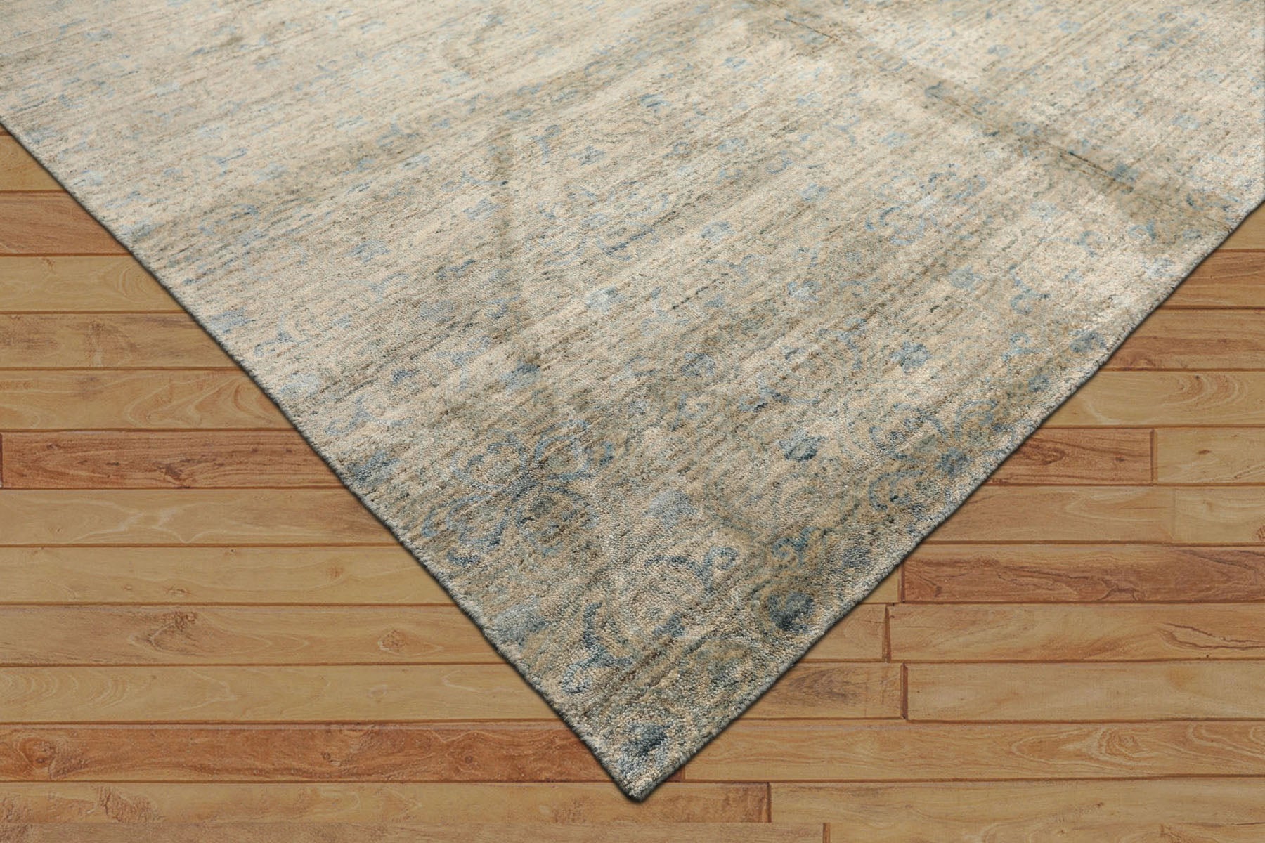 8x10 Beige, Gray, Aqua Color Hand Loomed Oushak Wool & Bamboo Silk Transitional Oriental Rug