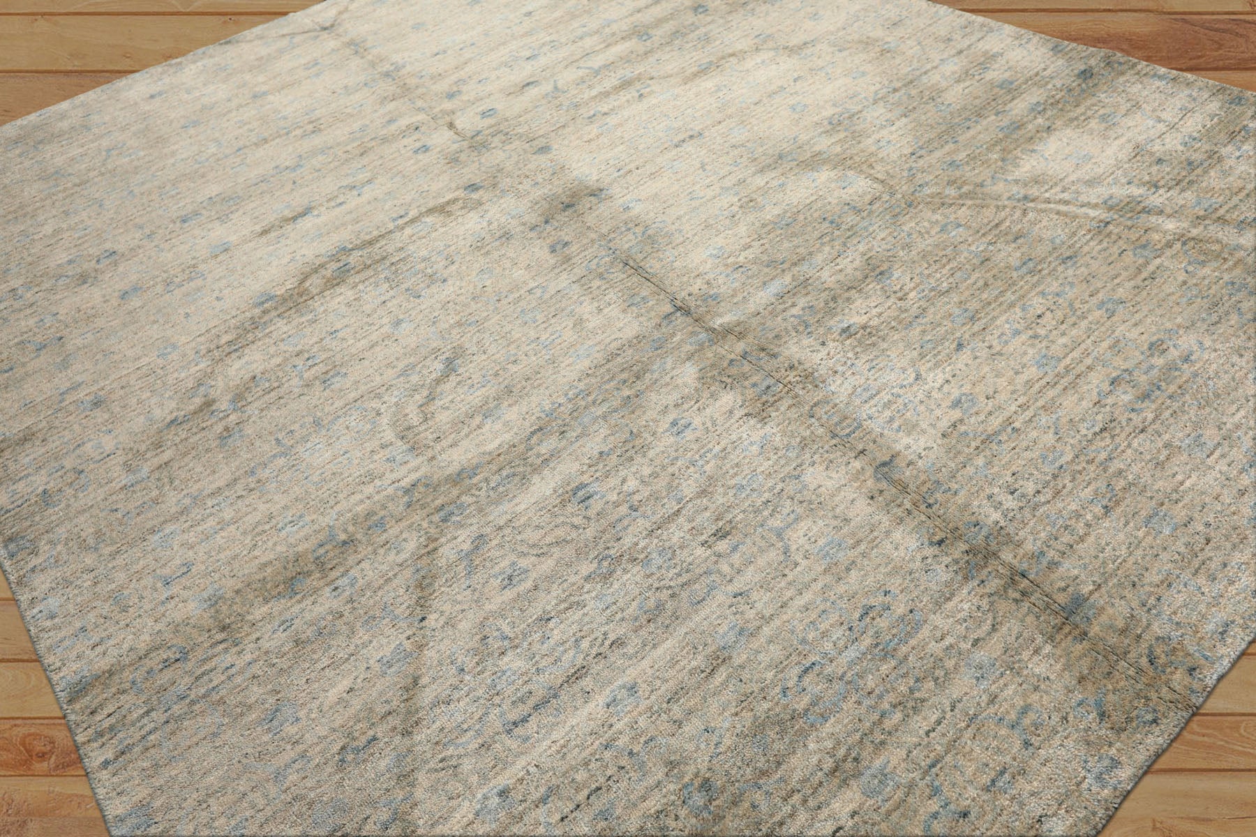 8x10 Beige, Gray, Aqua Color Hand Loomed Oushak Wool & Bamboo Silk Transitional Oriental Rug