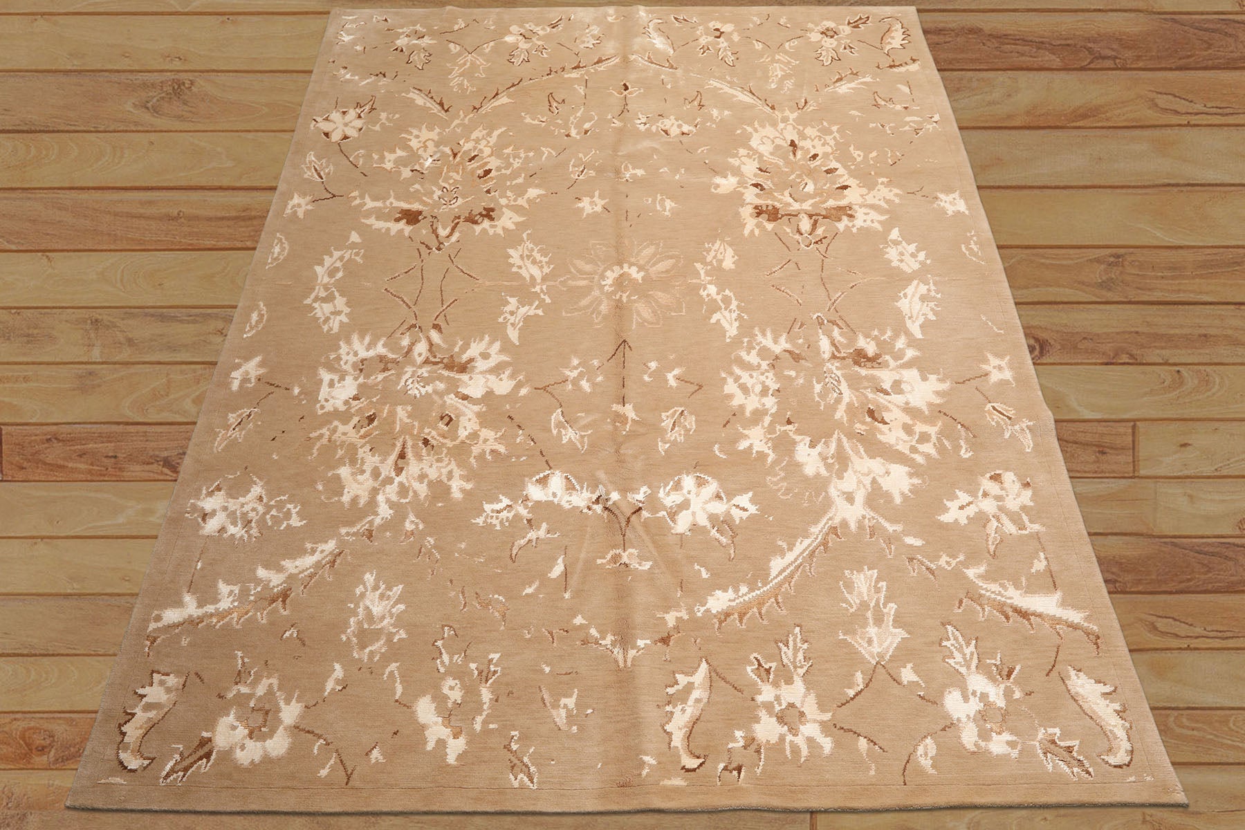 8x11 Beige, Tan, Ivory Color Hand Knotted Tibetan Wool & Bamboo Silk Transitional Oriental Rug