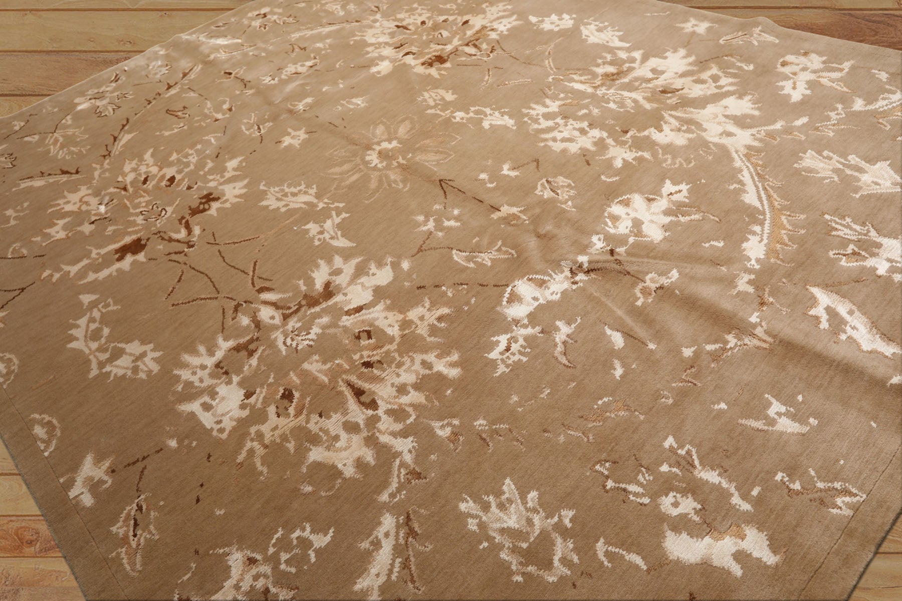 8x11 Beige, Tan, Ivory Color Hand Knotted Tibetan Wool & Bamboo Silk Transitional Oriental Rug