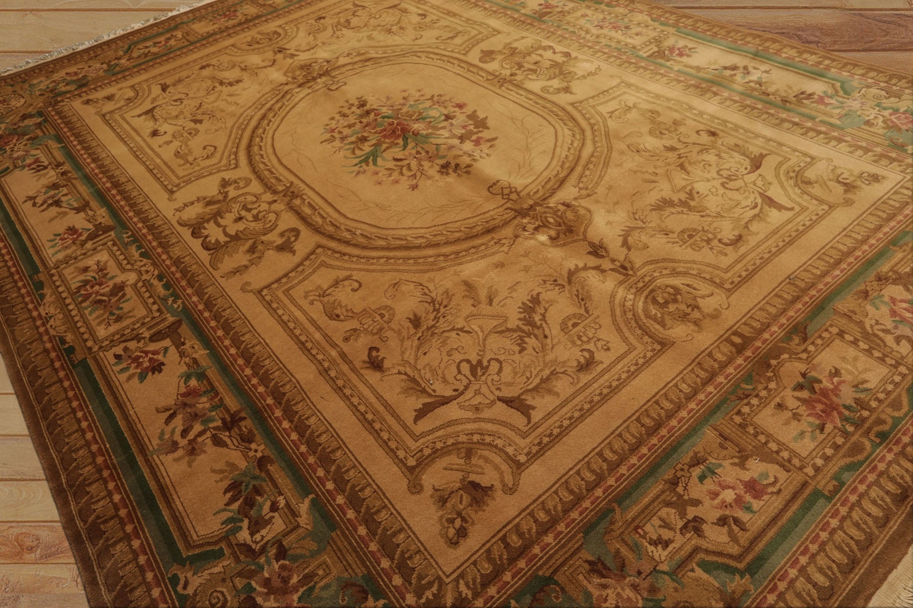 8x11 Tan, Rose, Brown Color Hand Knotted French Aubusson Savonnerie Wool Traditional Oriental Rug