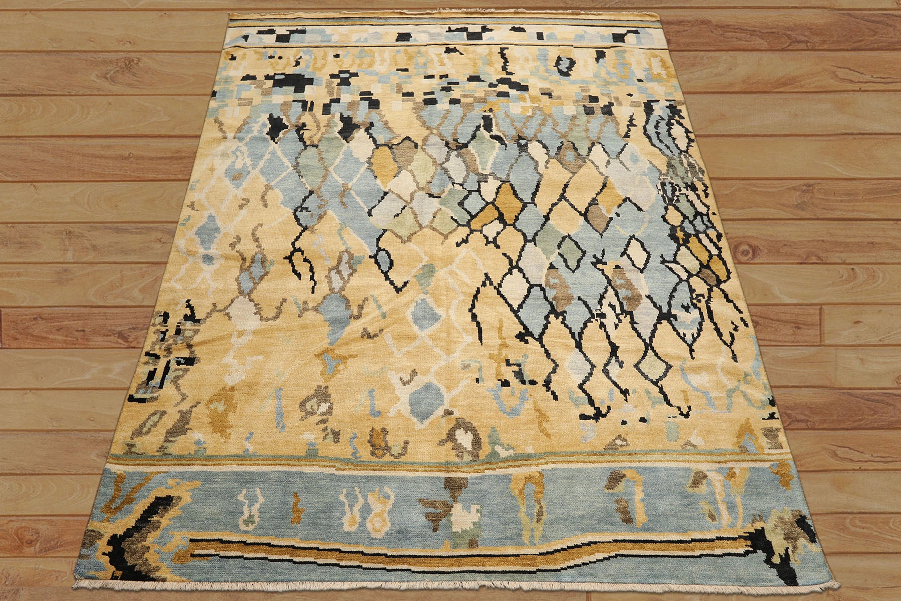 8x10 Light Gold, Aqua, Black Color Hand Knotted Oushak Wool Modern & Contemporary Oriental Rug