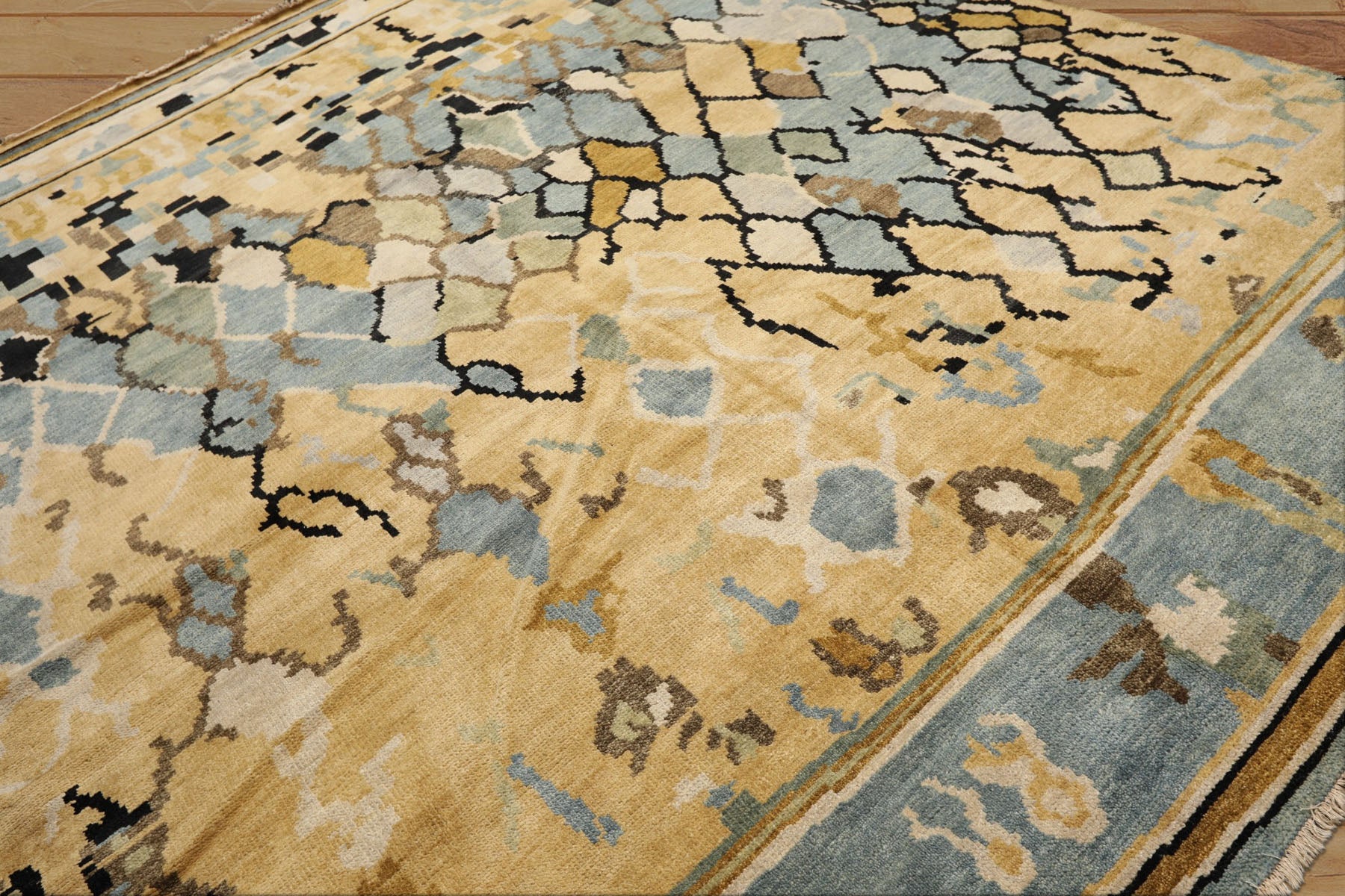 8x10 Light Gold, Aqua, Black Color Hand Knotted Oushak Wool Modern & Contemporary Oriental Rug