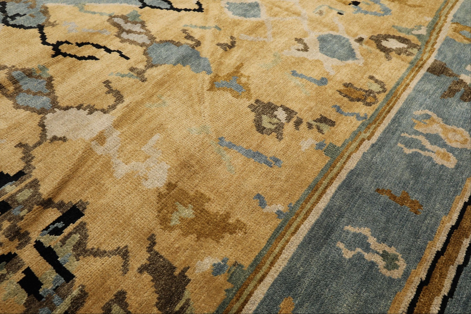 8x10 Light Gold, Aqua, Black Color Hand Knotted Oushak Wool Modern & Contemporary Oriental Rug