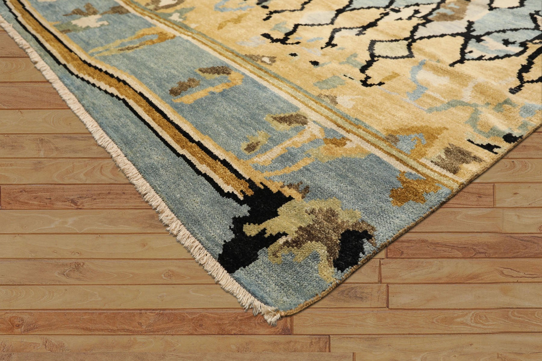 8x10 Light Gold, Aqua, Black Color Hand Knotted Oushak Wool Modern & Contemporary Oriental Rug