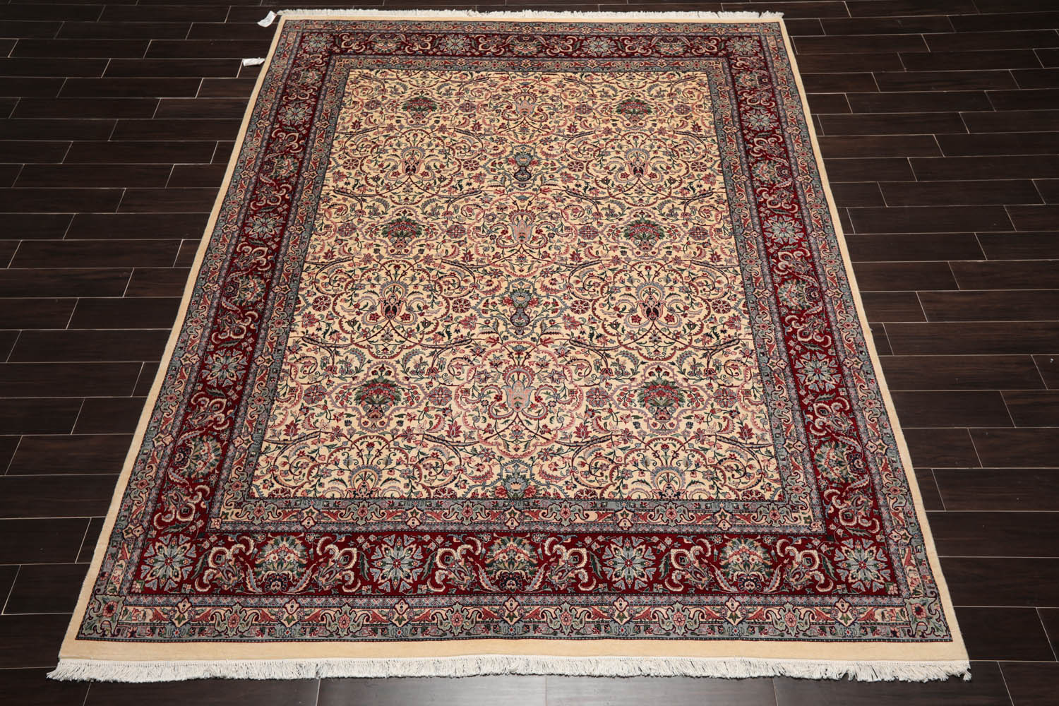 8x10 Ivory, Burgundy, Blue Color Hand Knotted All-Over 100% Wool Traditional Oriental Rug
