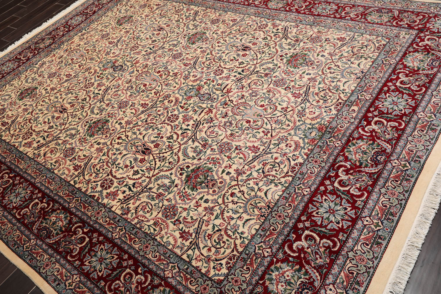8x10 Ivory, Burgundy, Blue Color Hand Knotted All-Over 100% Wool Traditional Oriental Rug
