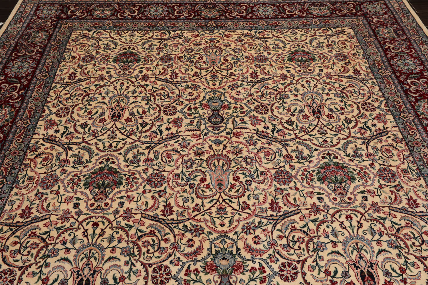 8x10 Ivory, Burgundy, Blue Color Hand Knotted All-Over 100% Wool Traditional Oriental Rug