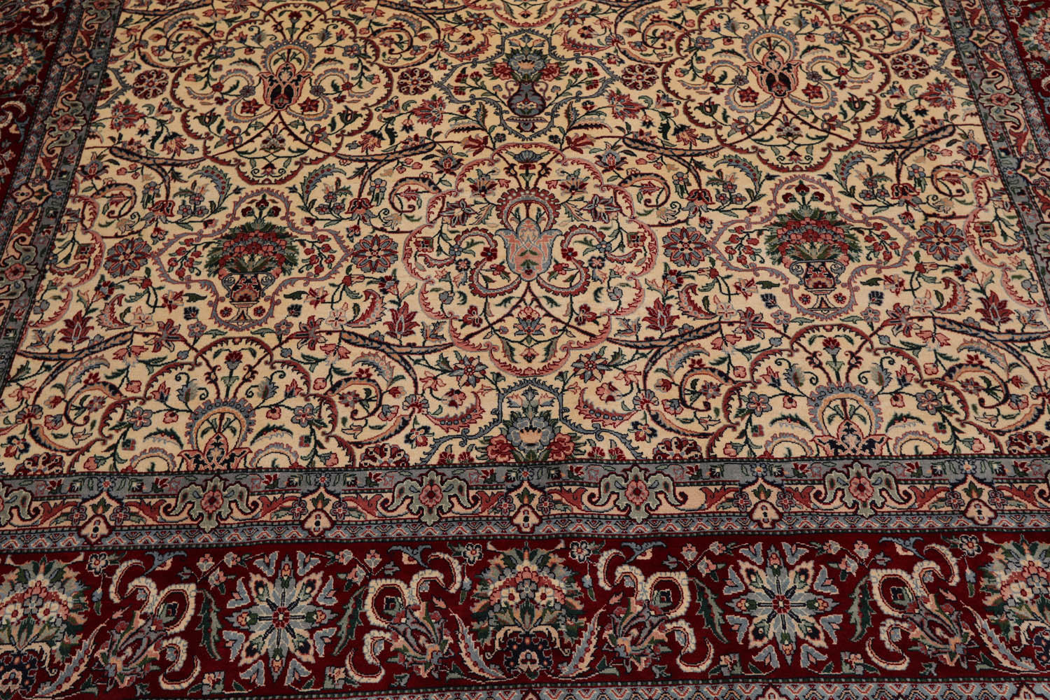 8x10 Ivory, Burgundy, Blue Color Hand Knotted All-Over 100% Wool Traditional Oriental Rug