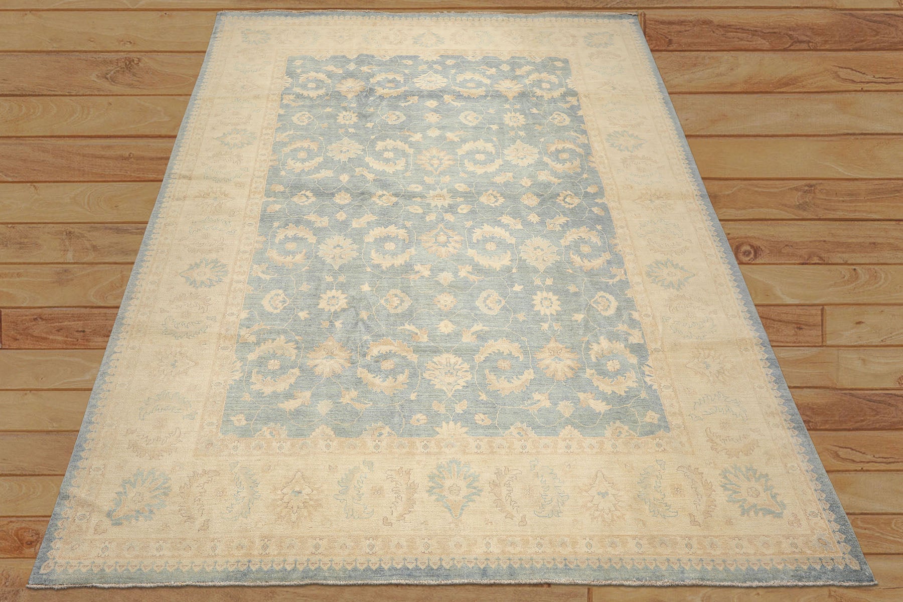 9x12 Aqua, Ivory, Tan Color Hand Knotted Chobi Peshawar Wool Traditional Oriental Rug