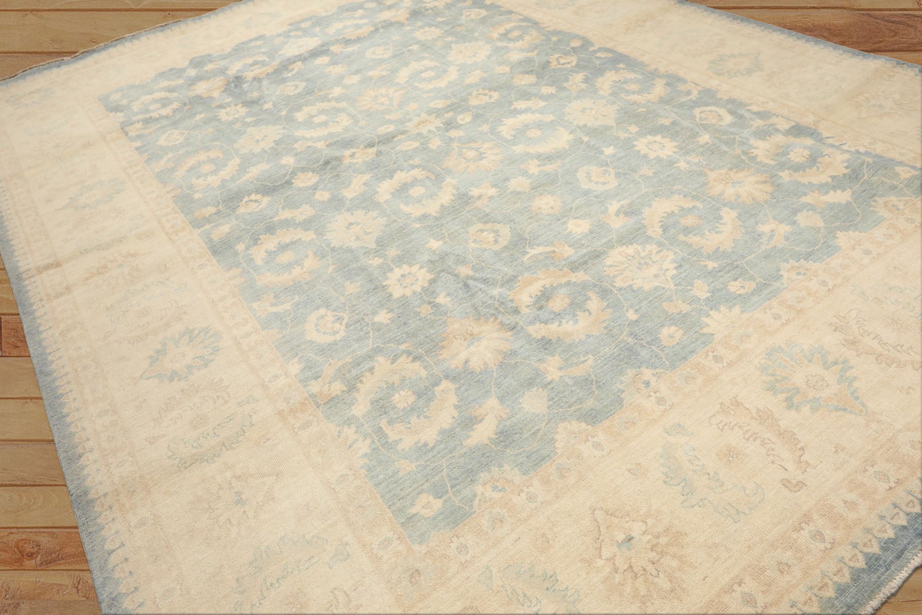 9x12 Aqua, Ivory, Tan Color Hand Knotted Chobi Peshawar Wool Traditional Oriental Rug