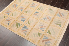 3x5 Beige, Brown, Blue Color Hand Knotted Floral 100% Wool Modern Oriental Rug