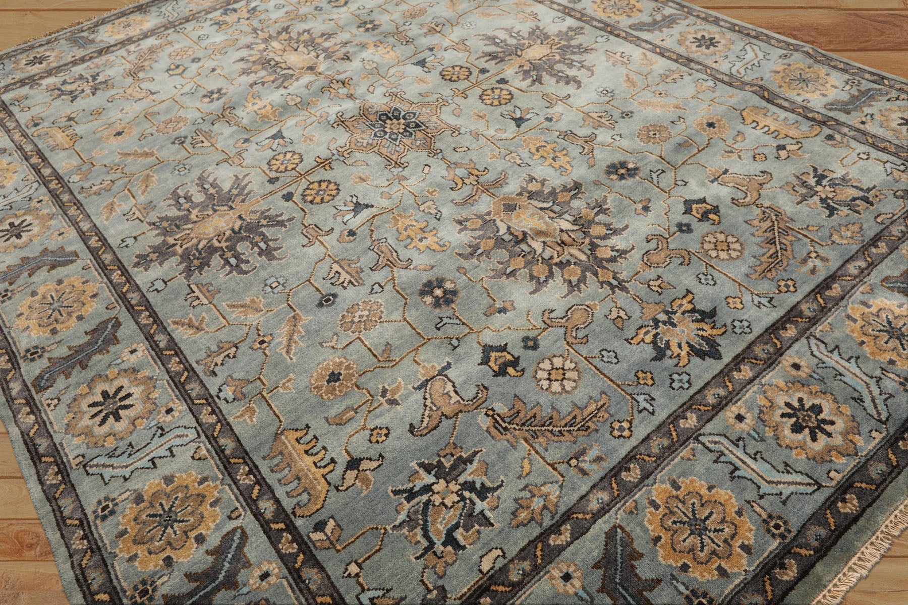 8x10 Aqua, Gray, Tan Color Hand Knotted Oushak Wool Traditional Oriental Rug