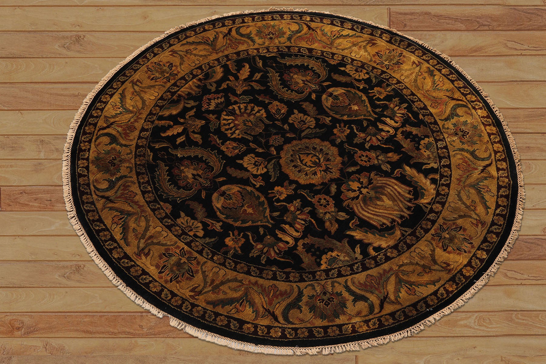 8' Round Black, Gold, Maroon Color Hand Knotted Agra Wool Traditional Oriental Rug