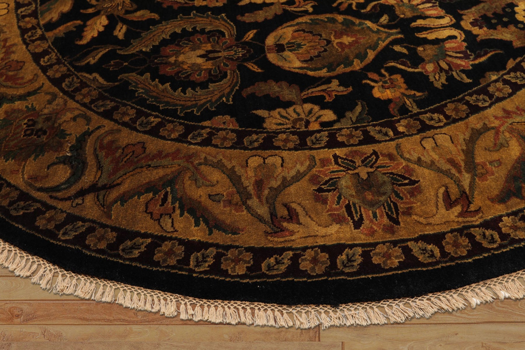 8' Round Black, Gold, Maroon Color Hand Knotted Agra Wool Traditional Oriental Rug