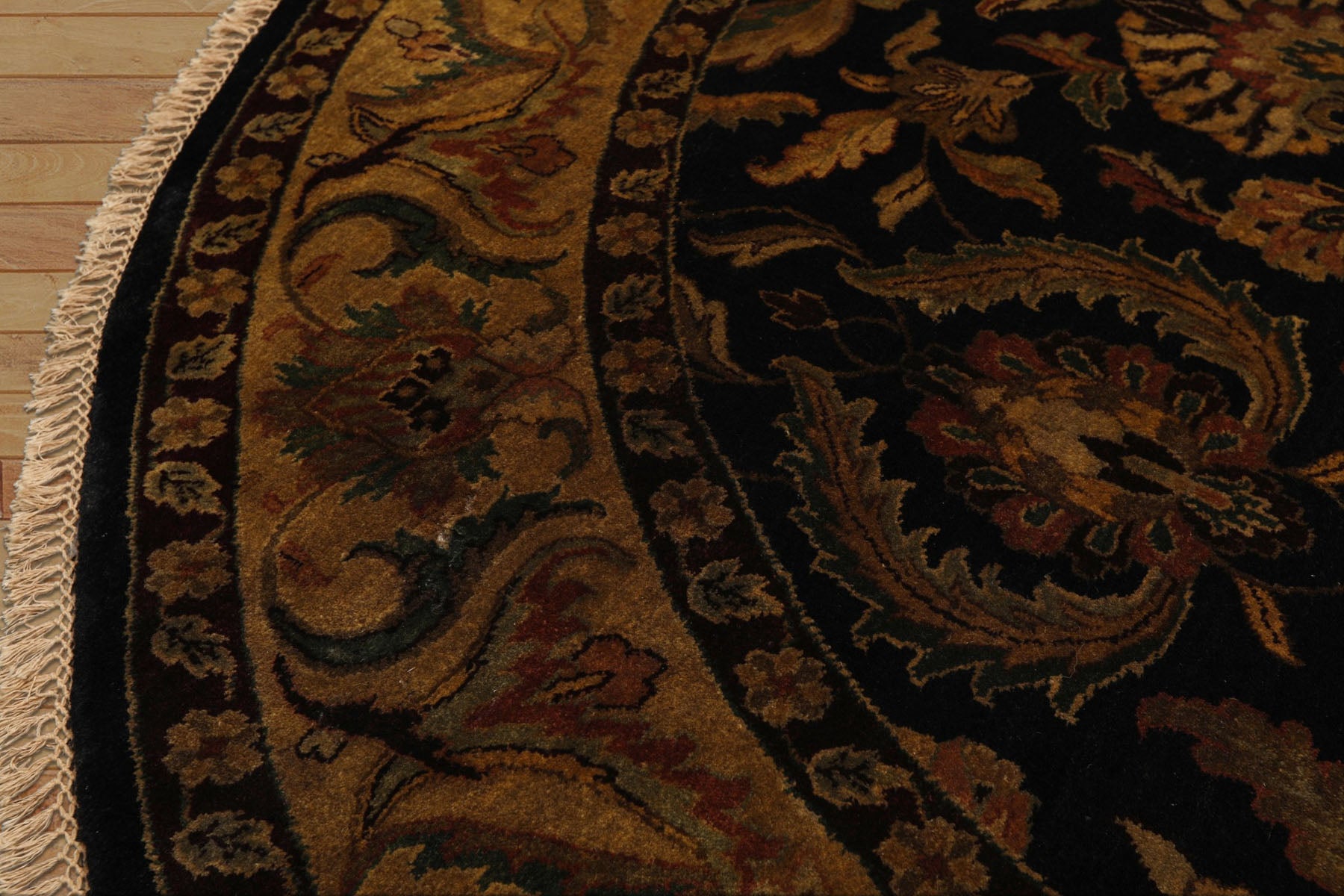 8' Round Black, Gold, Maroon Color Hand Knotted Agra Wool Traditional Oriental Rug