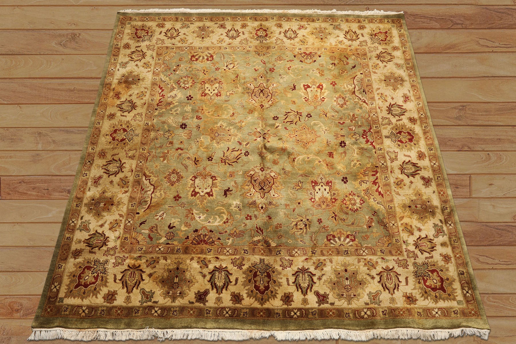 8' Square Pistachio, Beige, Rust Color Hand Knotted Agra New Zealand Wool Traditional Oriental Rug