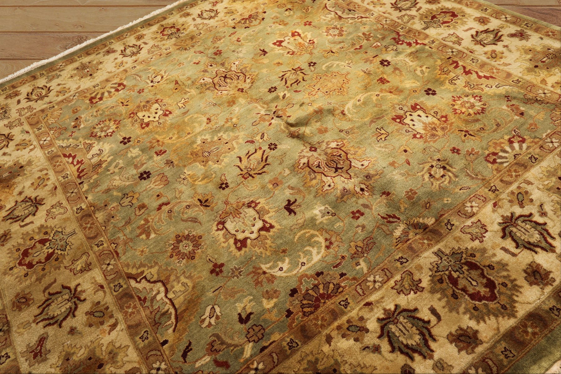 8' Square Pistachio, Beige, Rust Color Hand Knotted Agra New Zealand Wool Traditional Oriental Rug
